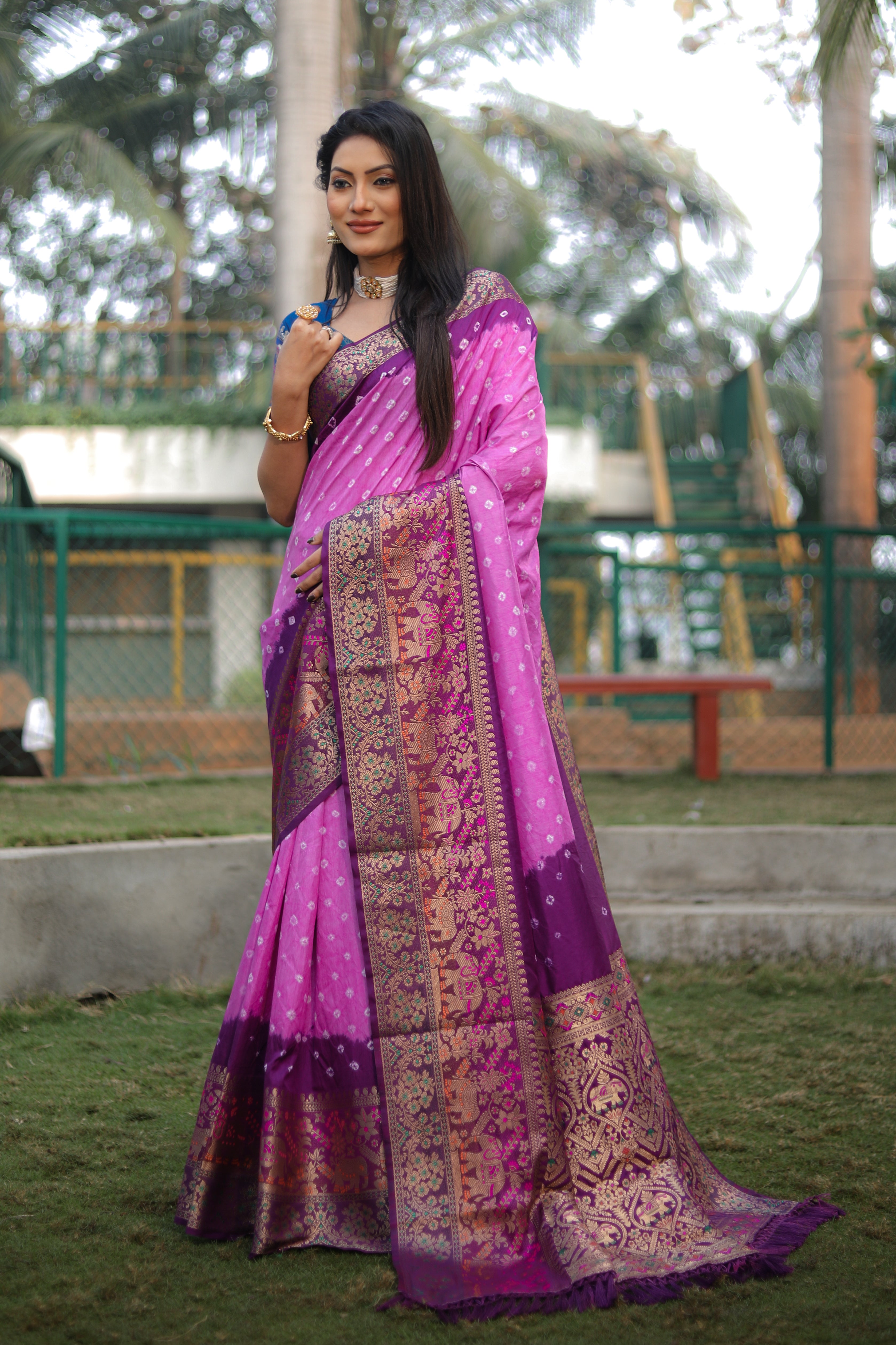 Bandhani Print Wine With Pink Zari Weaving Silk Saree