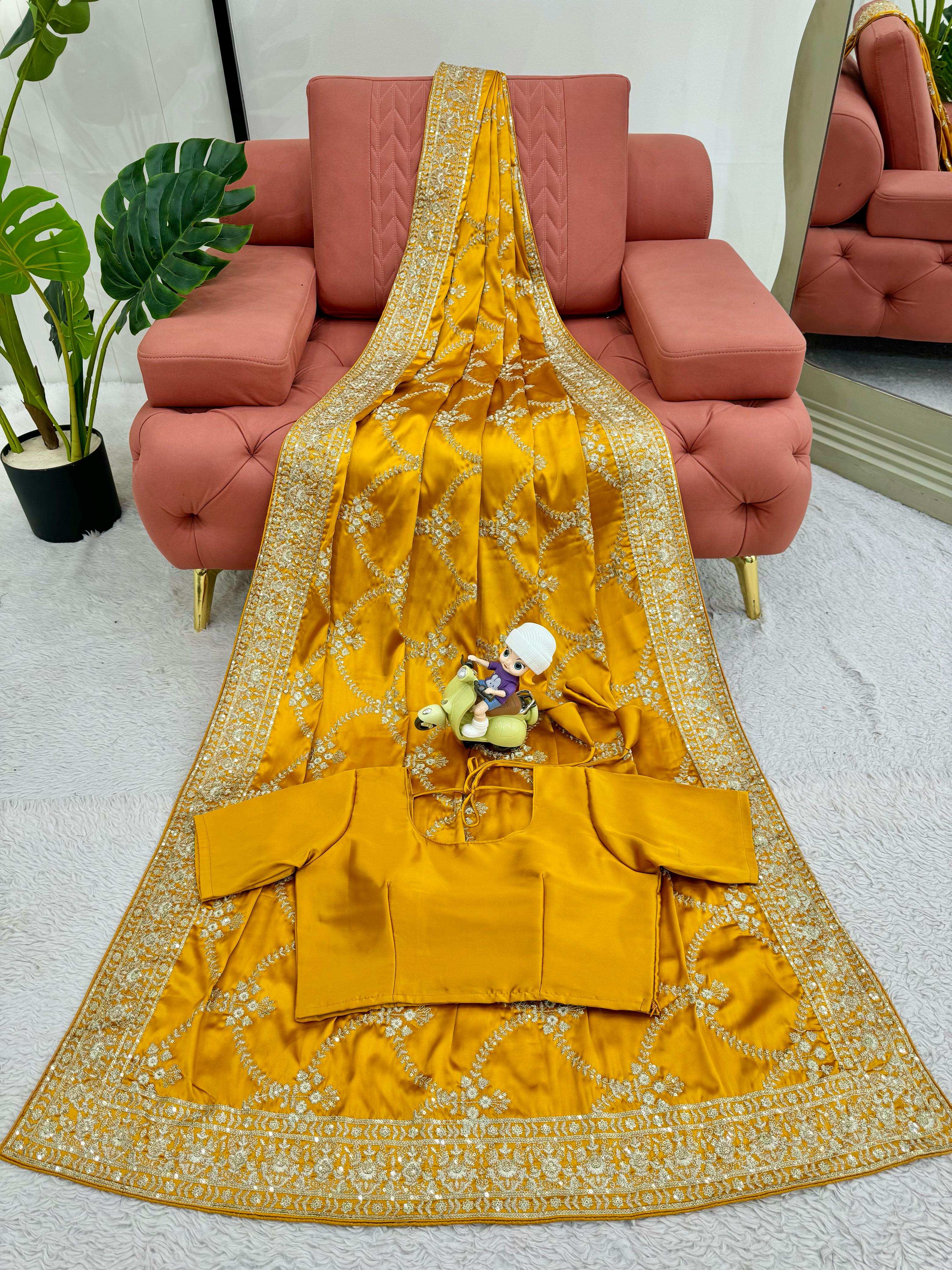 Superhit Satin Silk Yellow Color Saree