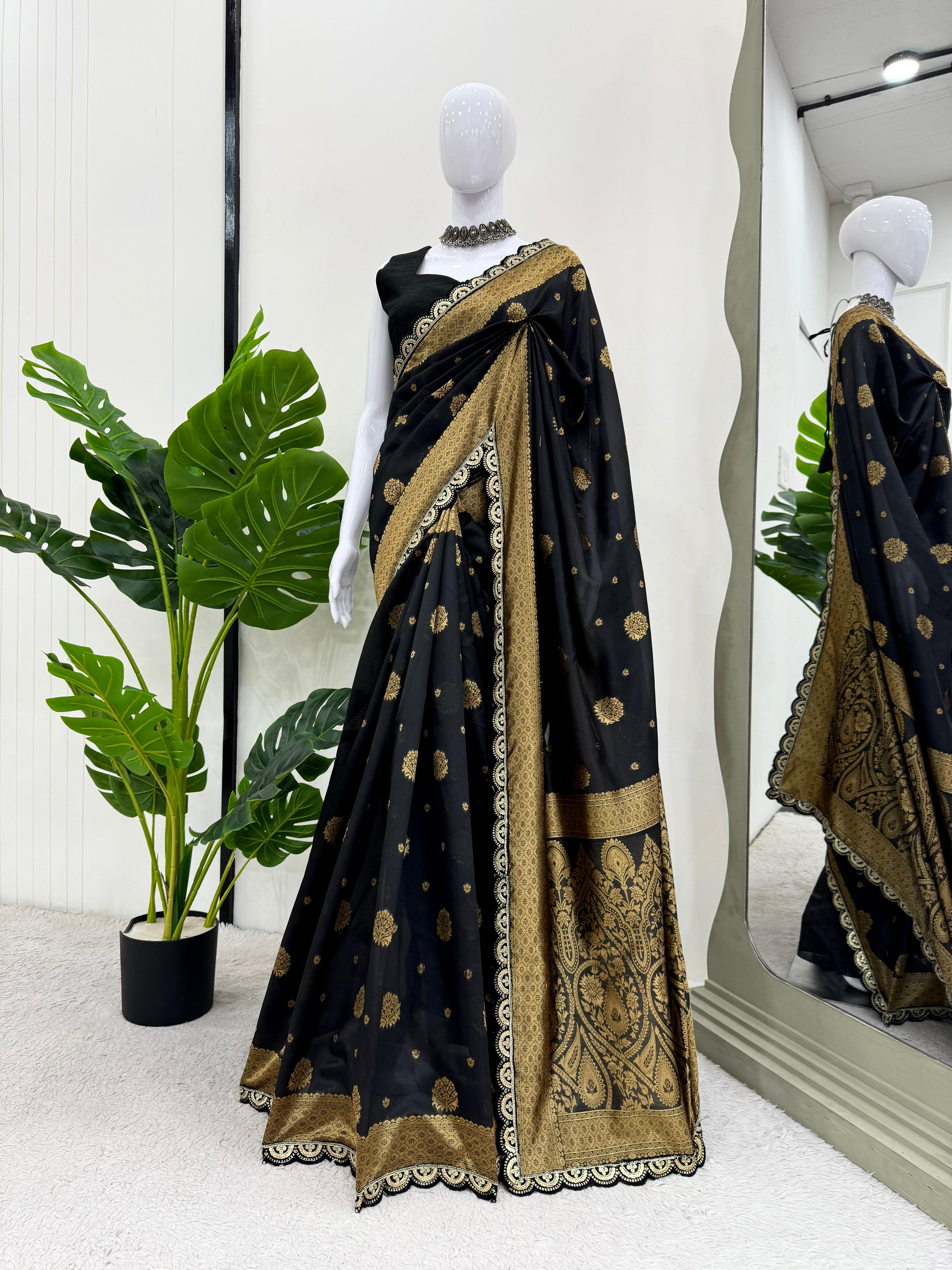 Preferable Sequence Lace Work Black Color Saree