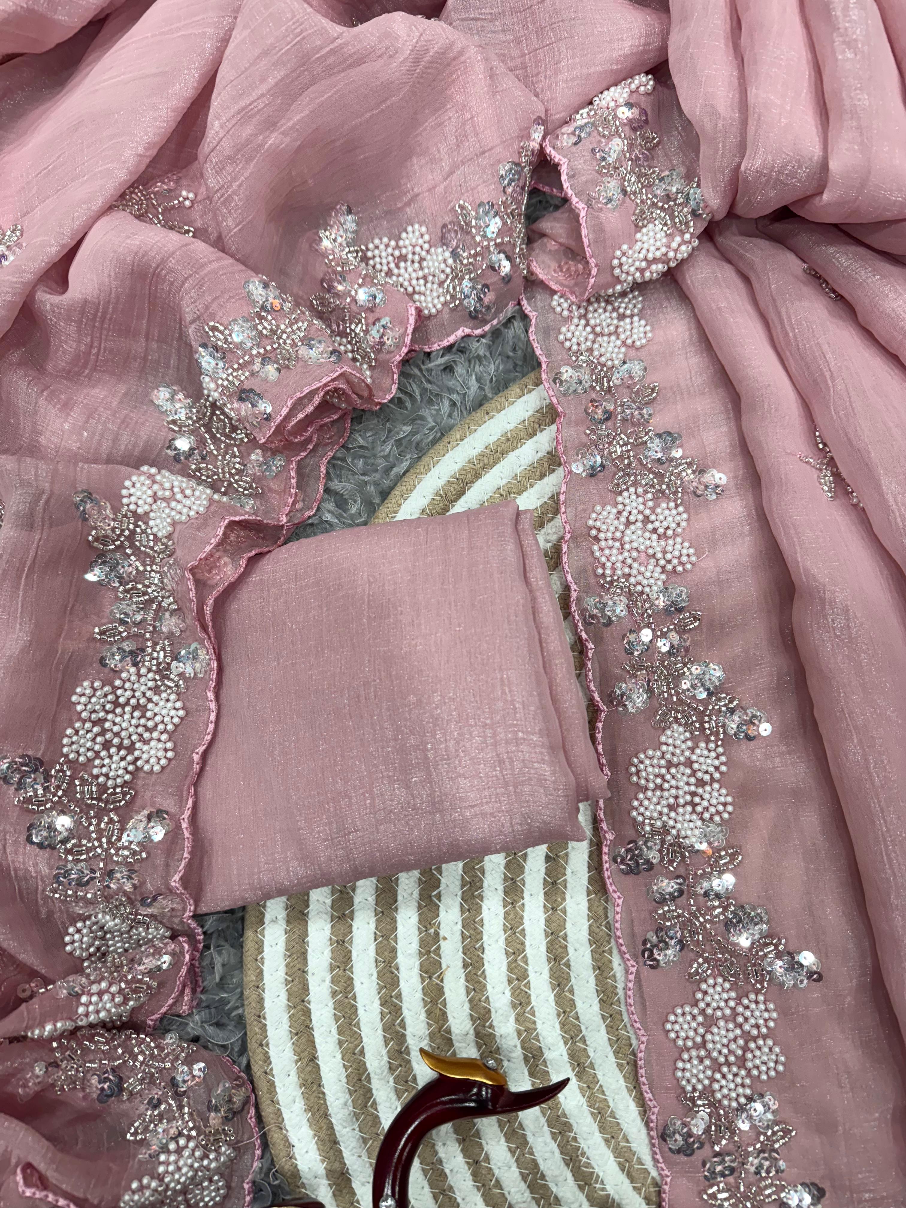 Designer Pearls Work Pink Color Saree