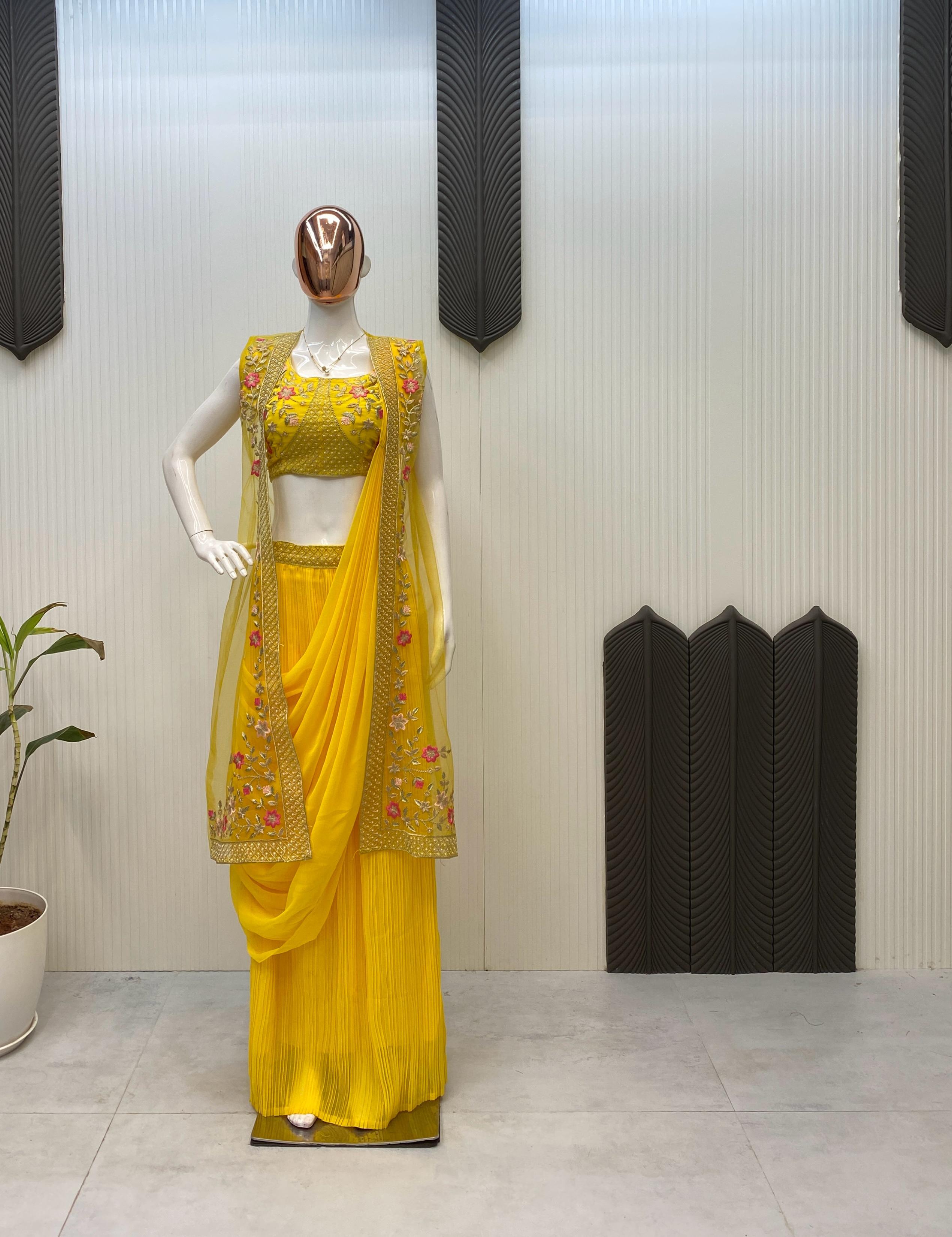 Function Wear Georgette Yellow Color Lehenga Saree With Koti