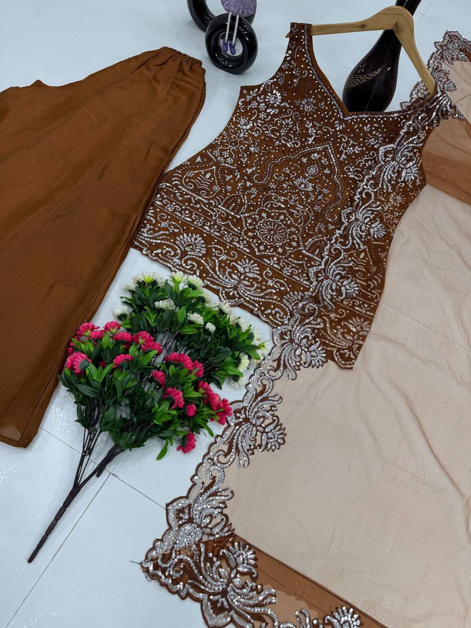 Brown Color Full Stitched Embroidered Precious Sharara Suit