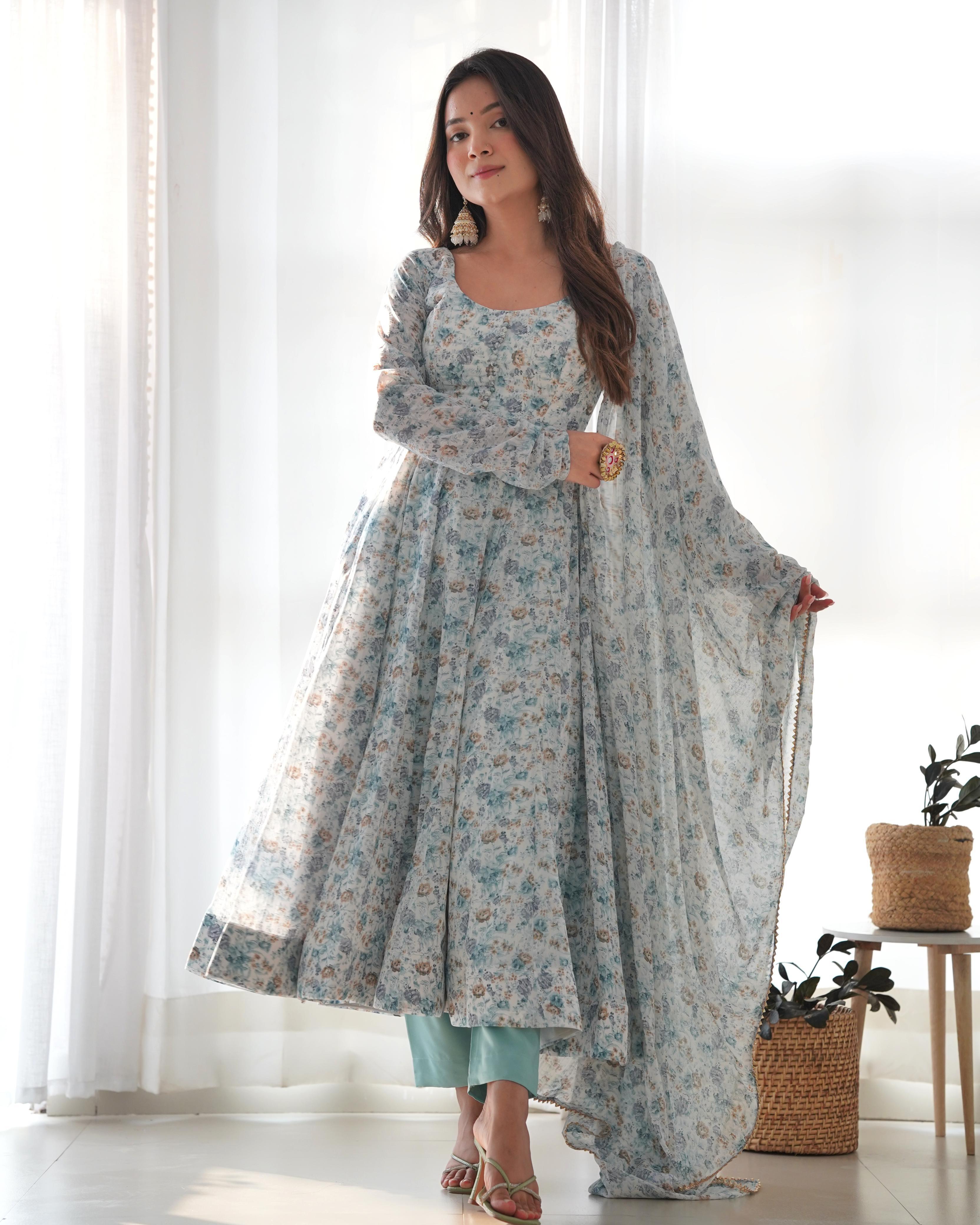 Trendy Orange Flower Print Sky Blue Color Anarkali Suit