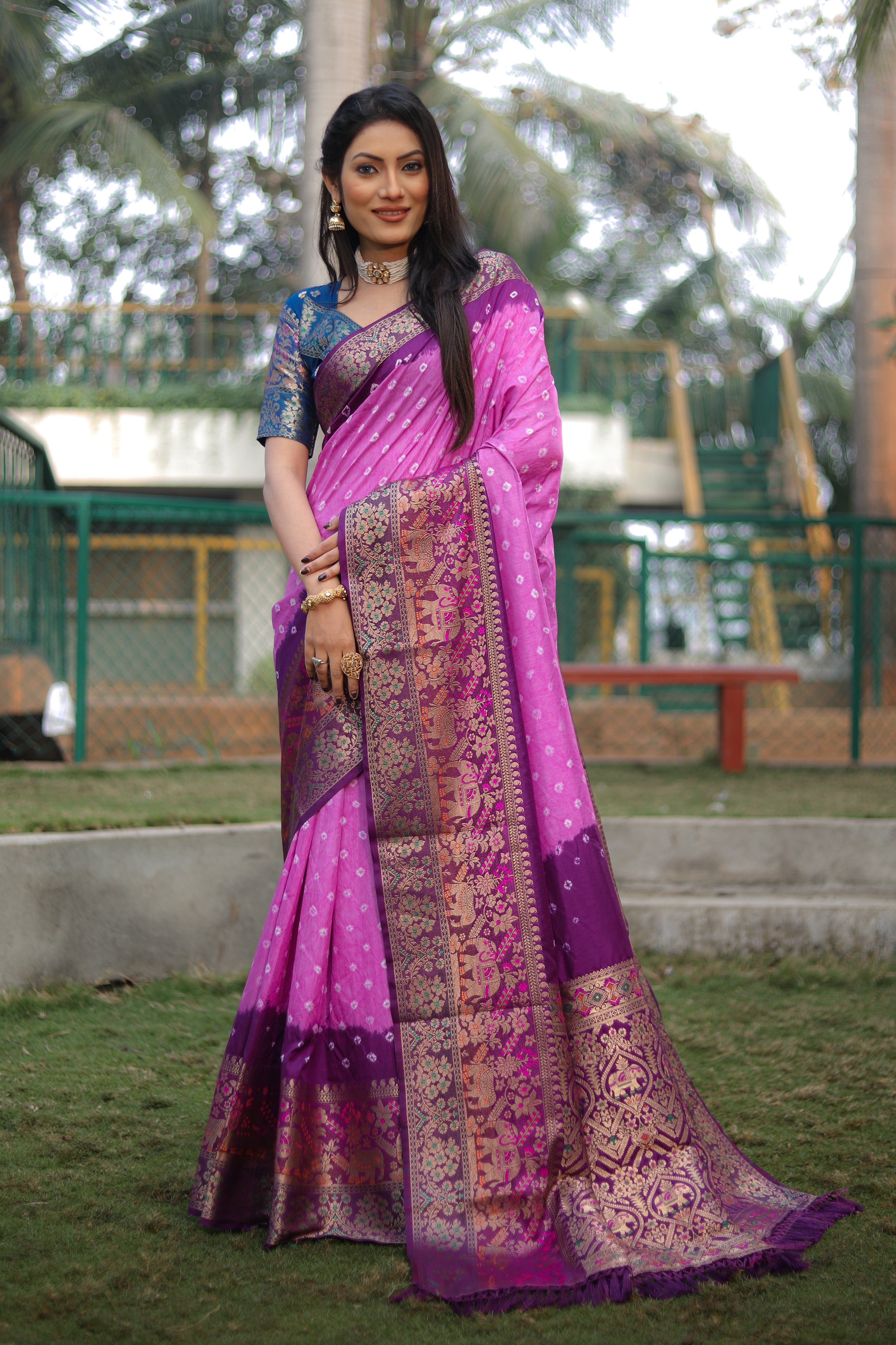 Bandhani Print Wine With Pink Zari Weaving Silk Saree