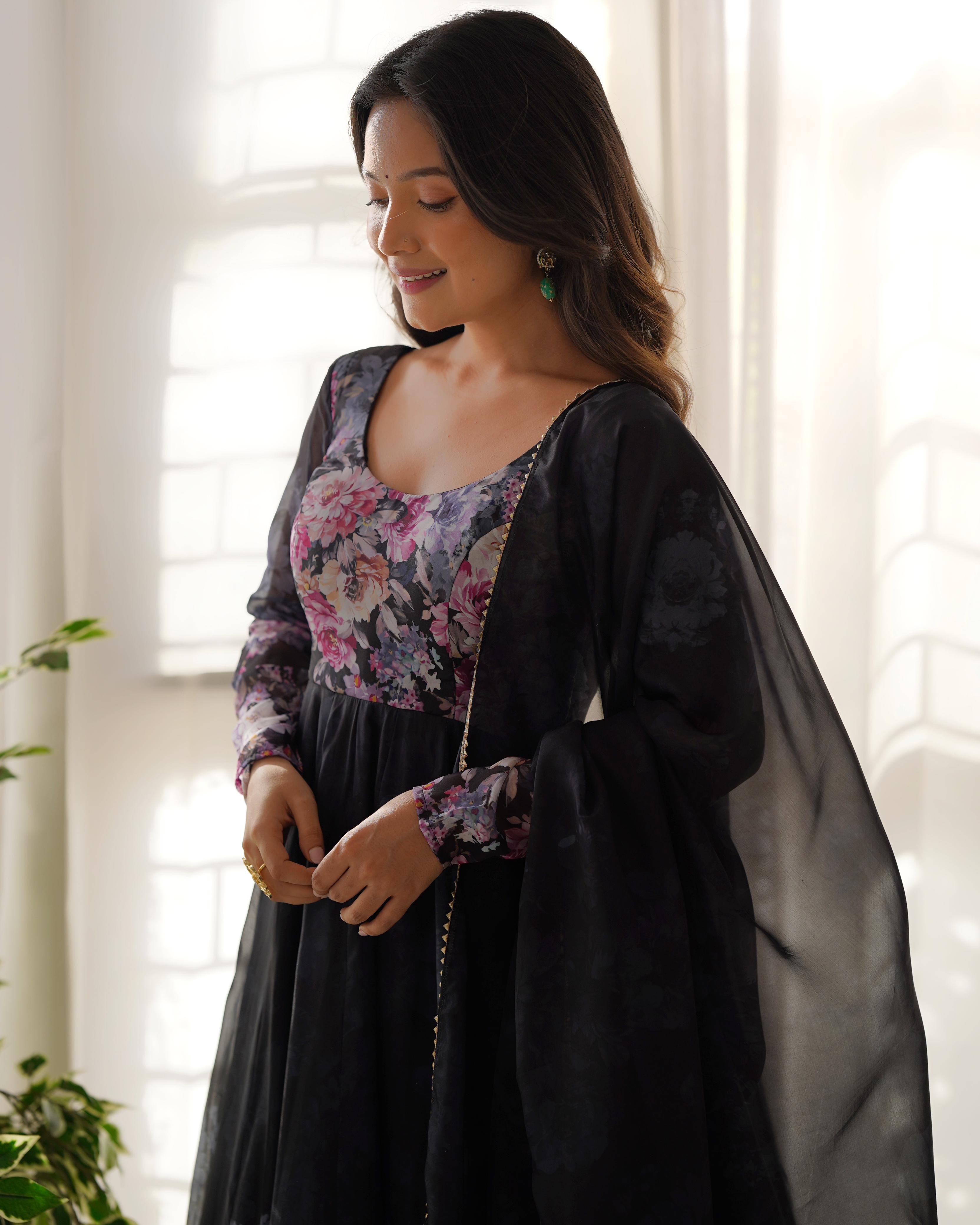 Casual Wear Multi Flower Print Black Color Anarkali Suit