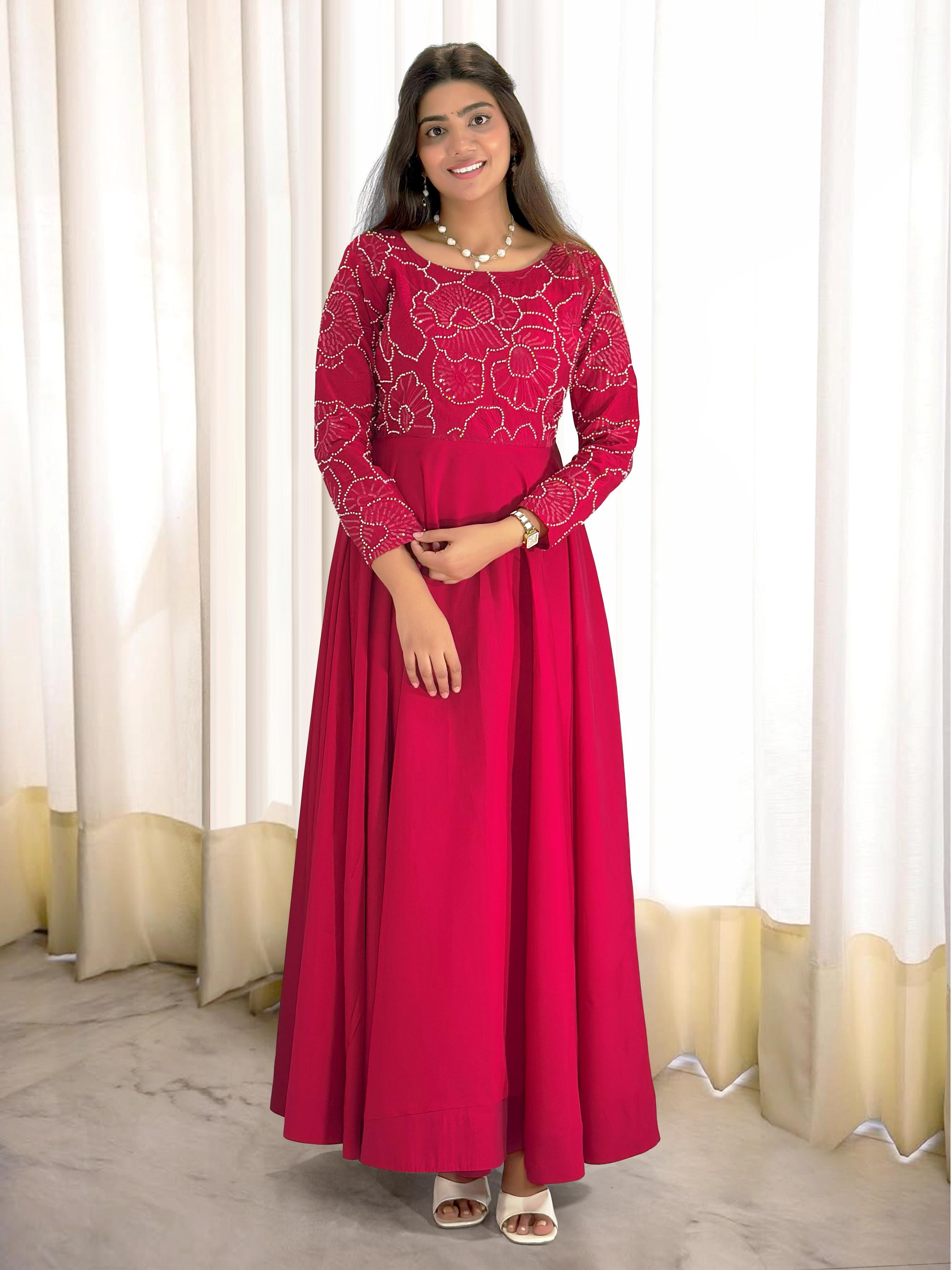 Alluring Red Roman Silk With Embroidery Work Gown