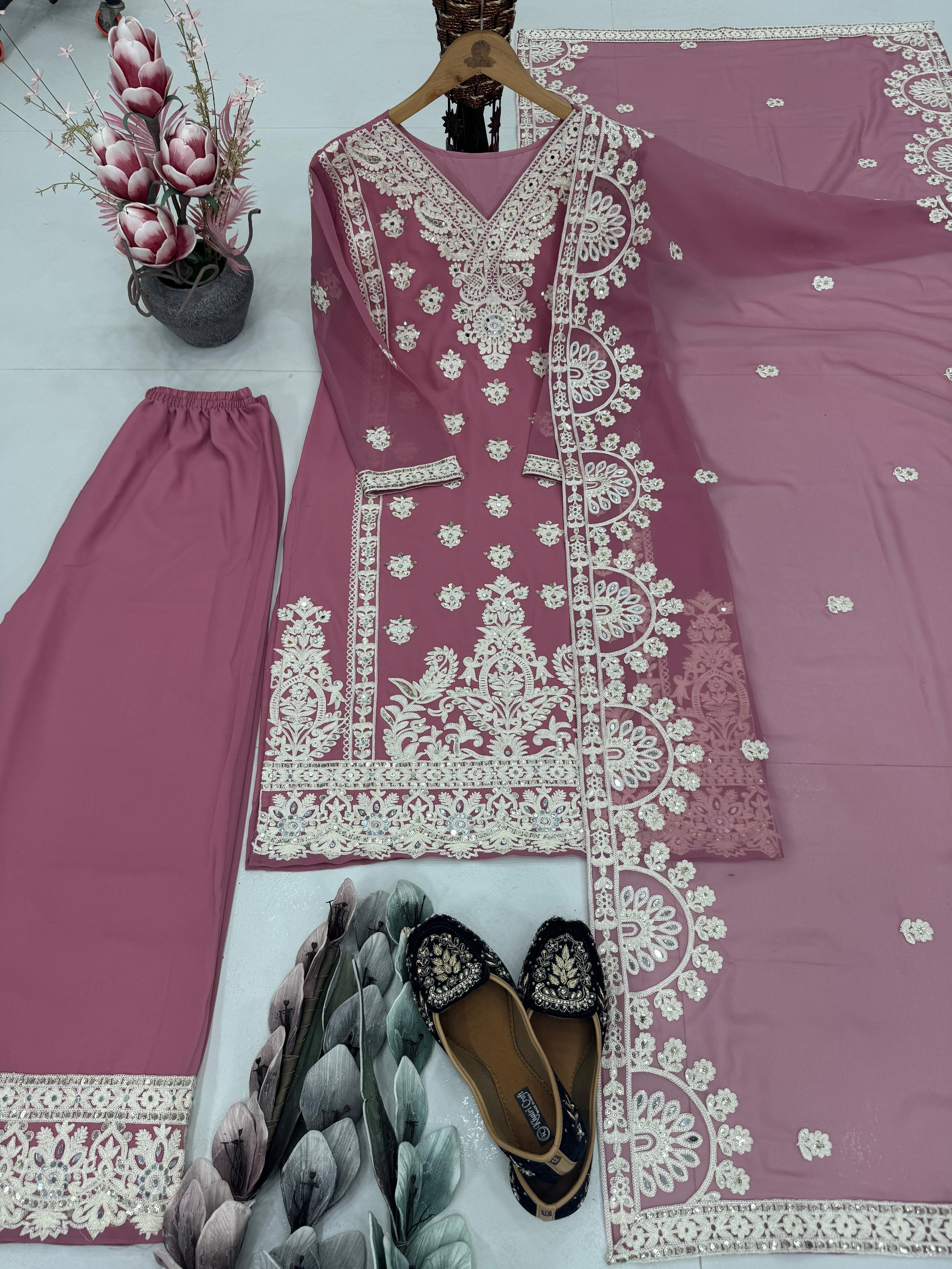 Embroidered Onion Color Attractive Palazzo Suit Set