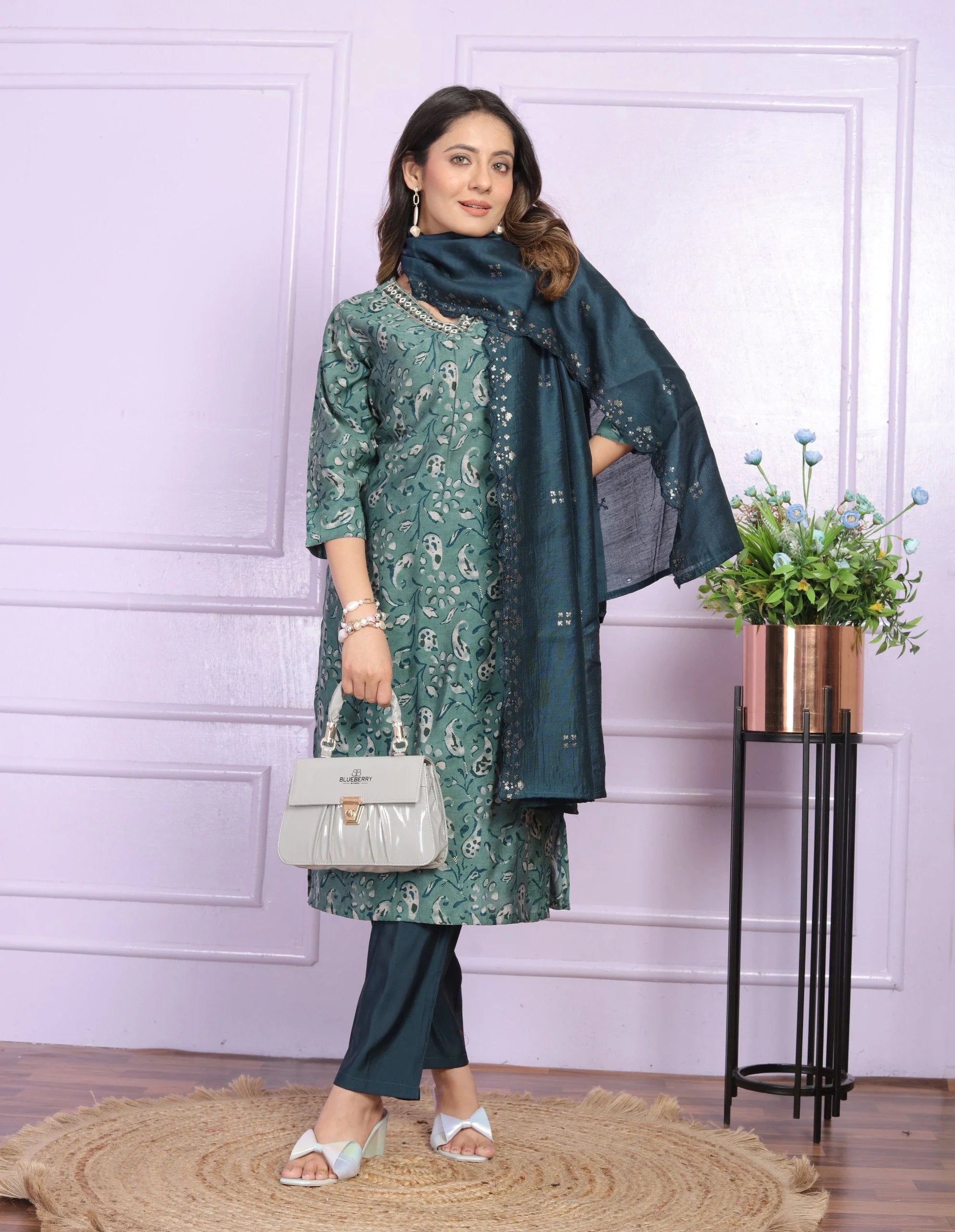 Casual Wear Teal Green Color V Neck Salwar Suit