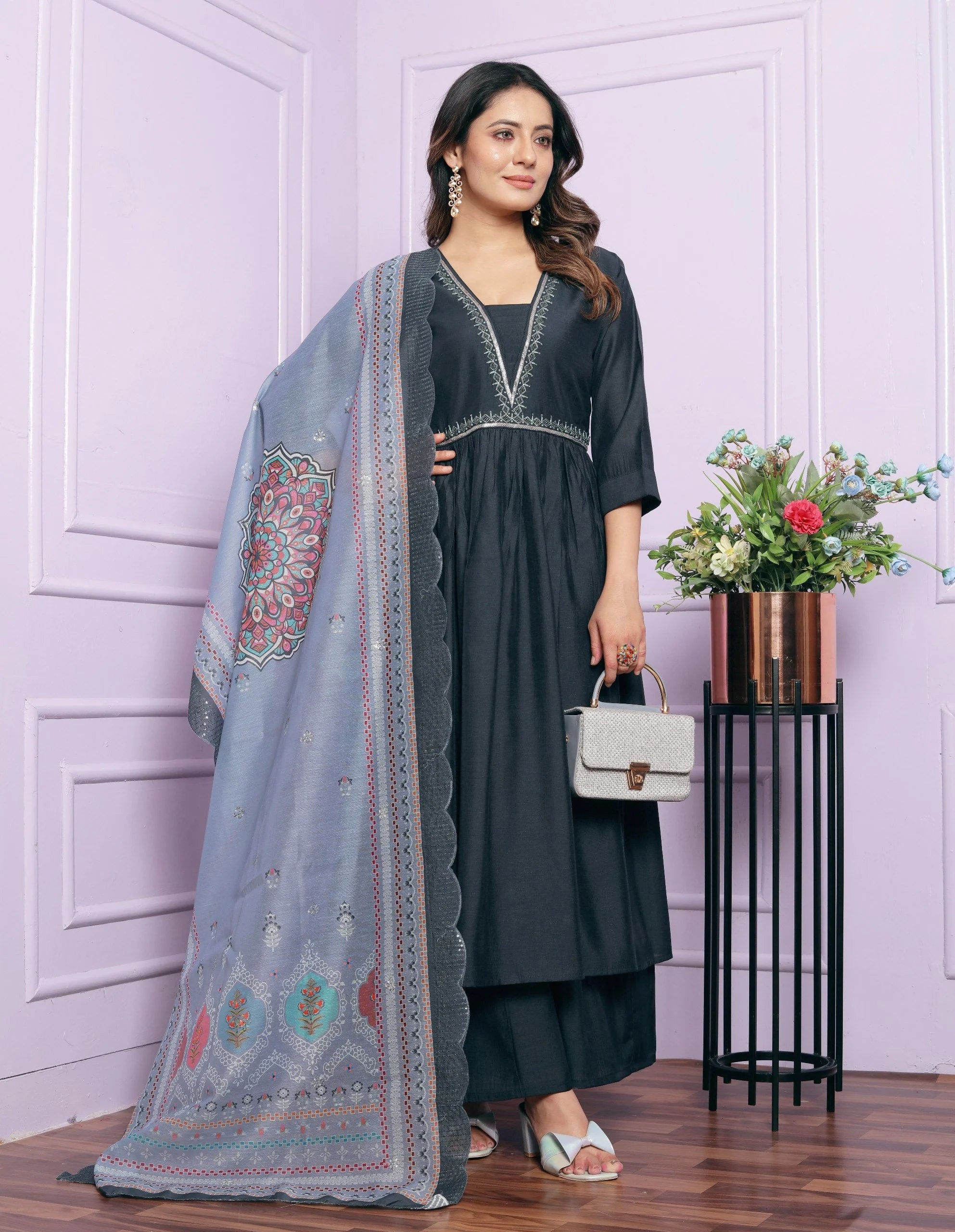 Good Looking Dark Grey Color V Neck Palazzo Suit