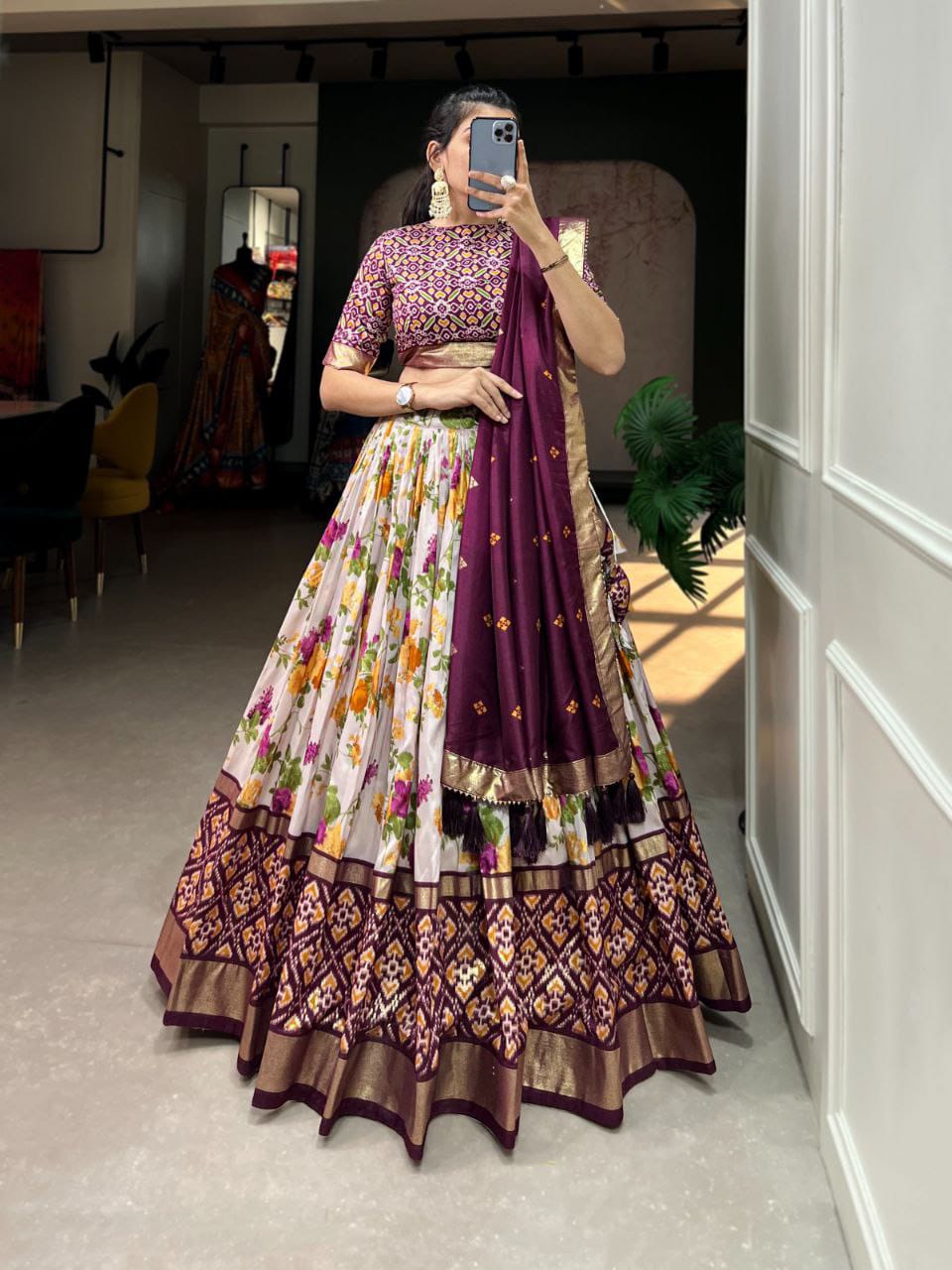 Mesmerizing Floral And Patola Print With Foil Work Purple Color Lehenga Choli