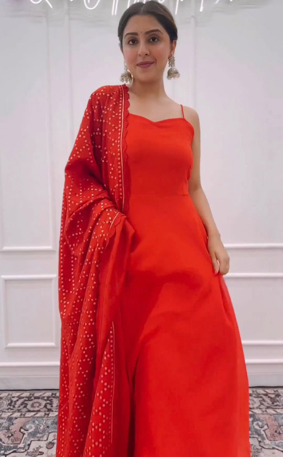 Lovely Plain Red Color Long Gown With Work Dupatta
