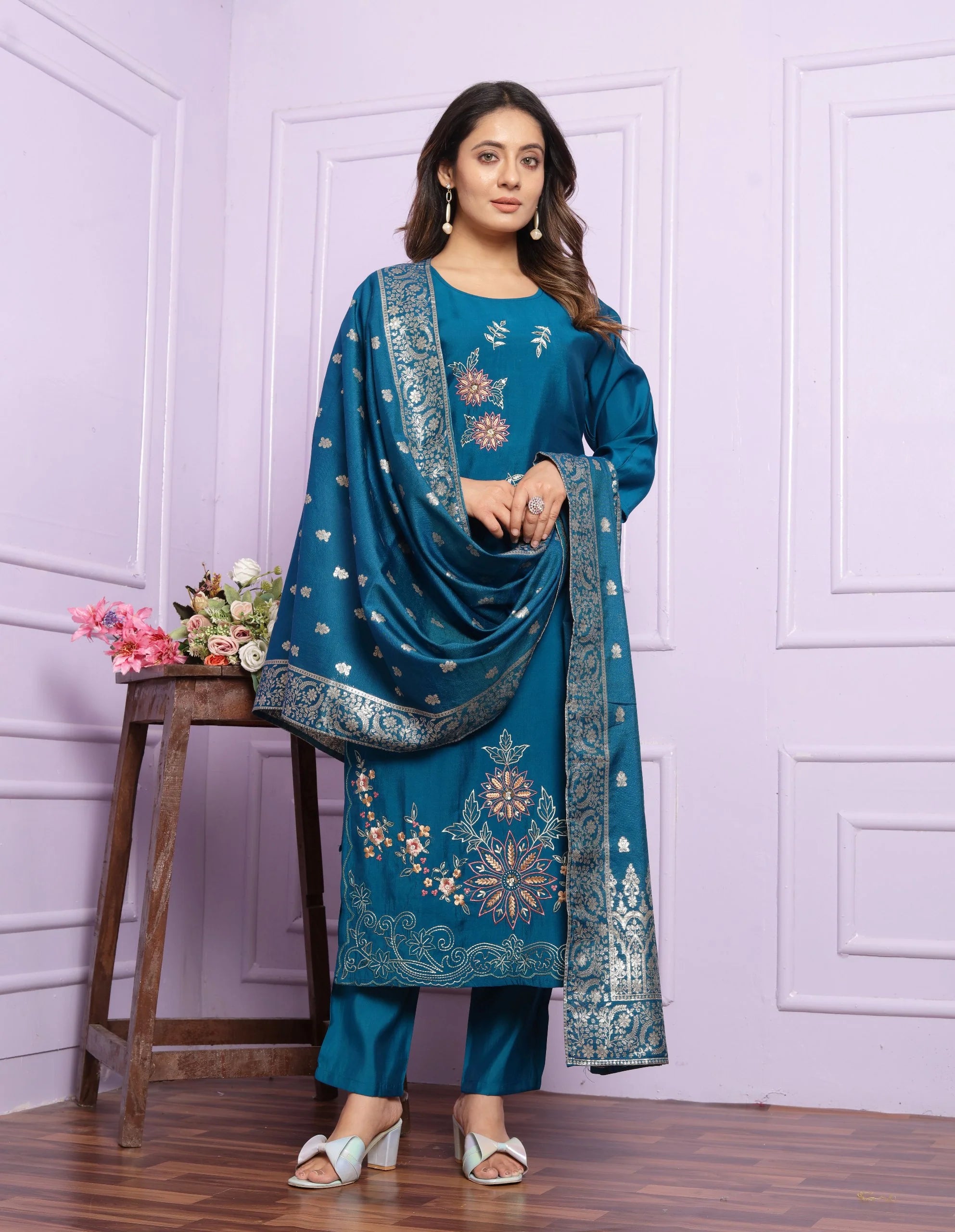 Elegant Rama Russian Silk Salwar Suit With Banarasi Dupatta