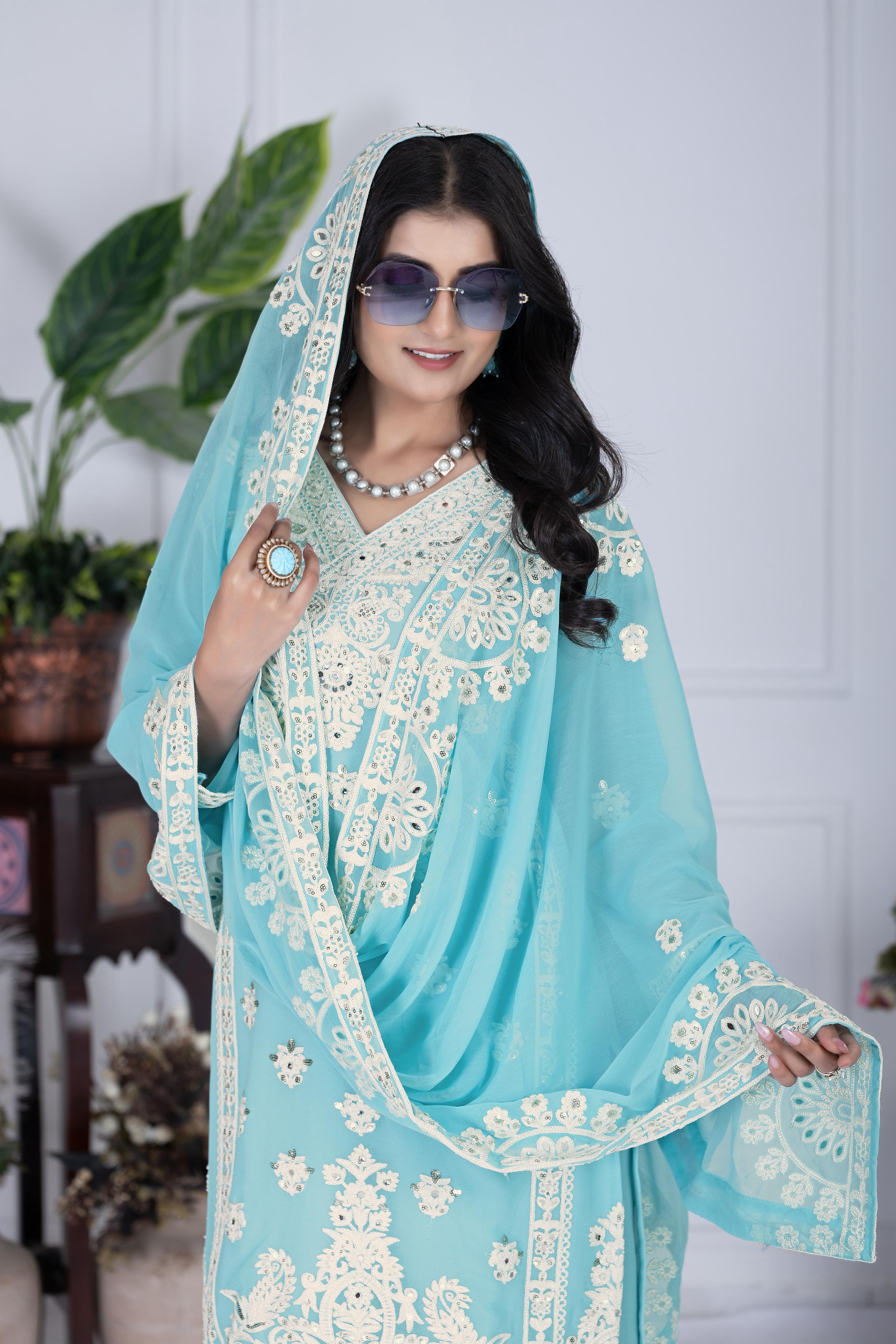 Embroidered Sky Blue Color Attractive Palazzo Suit Set