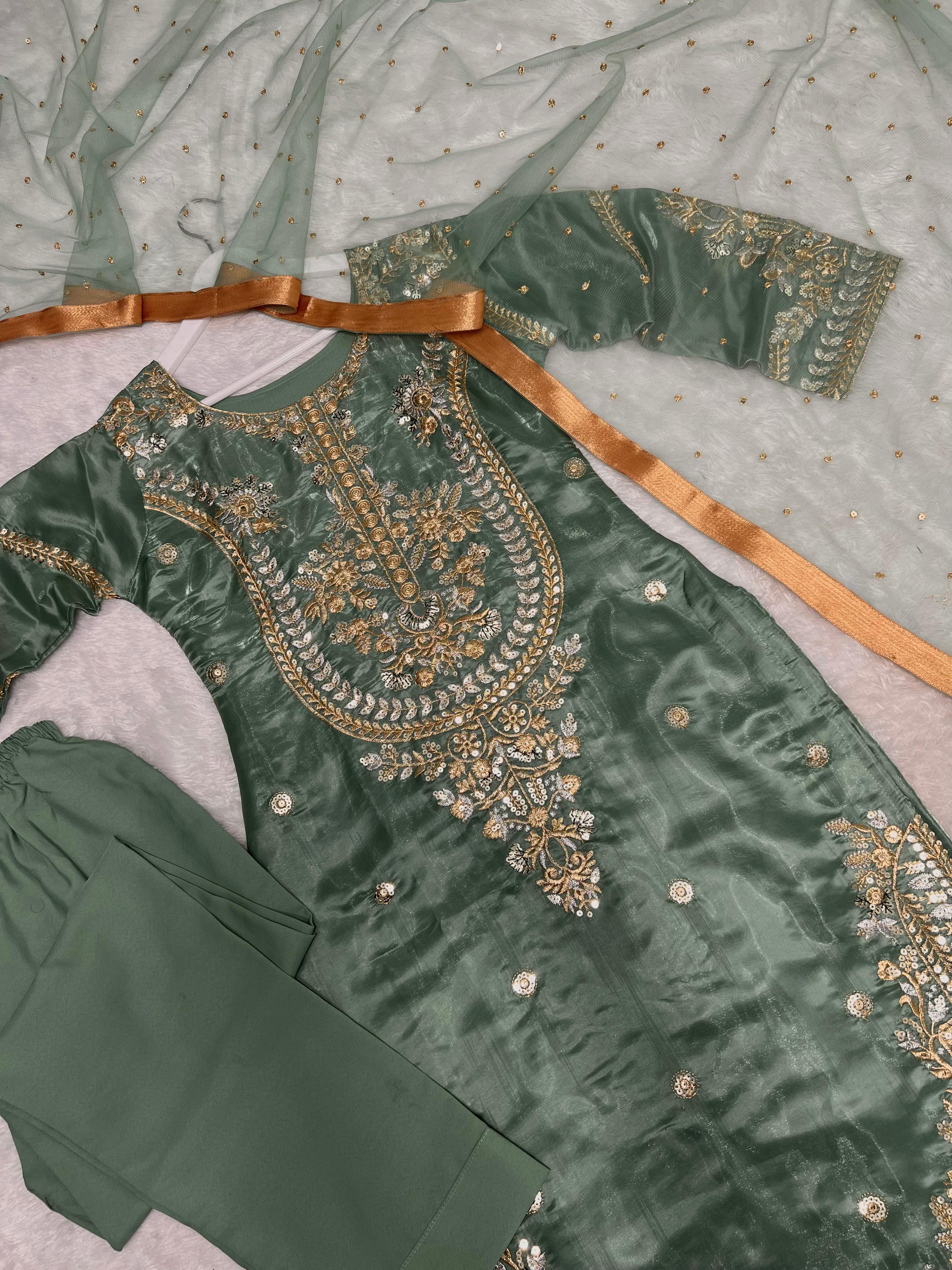 Alluring Pista Silk Embroidery Anarkali Suit