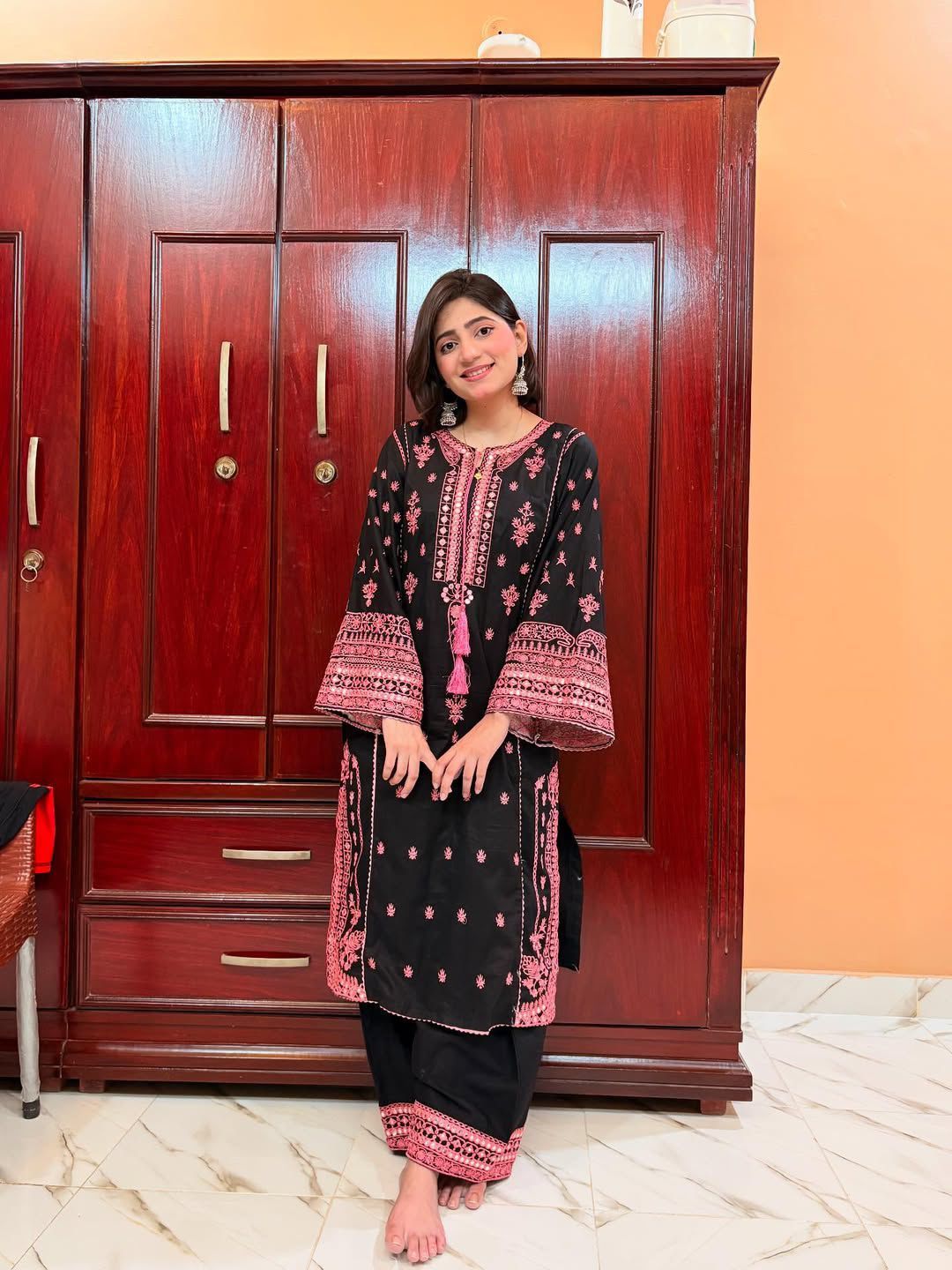 Black Roman Silk Embroidery Work Palazzo Suit