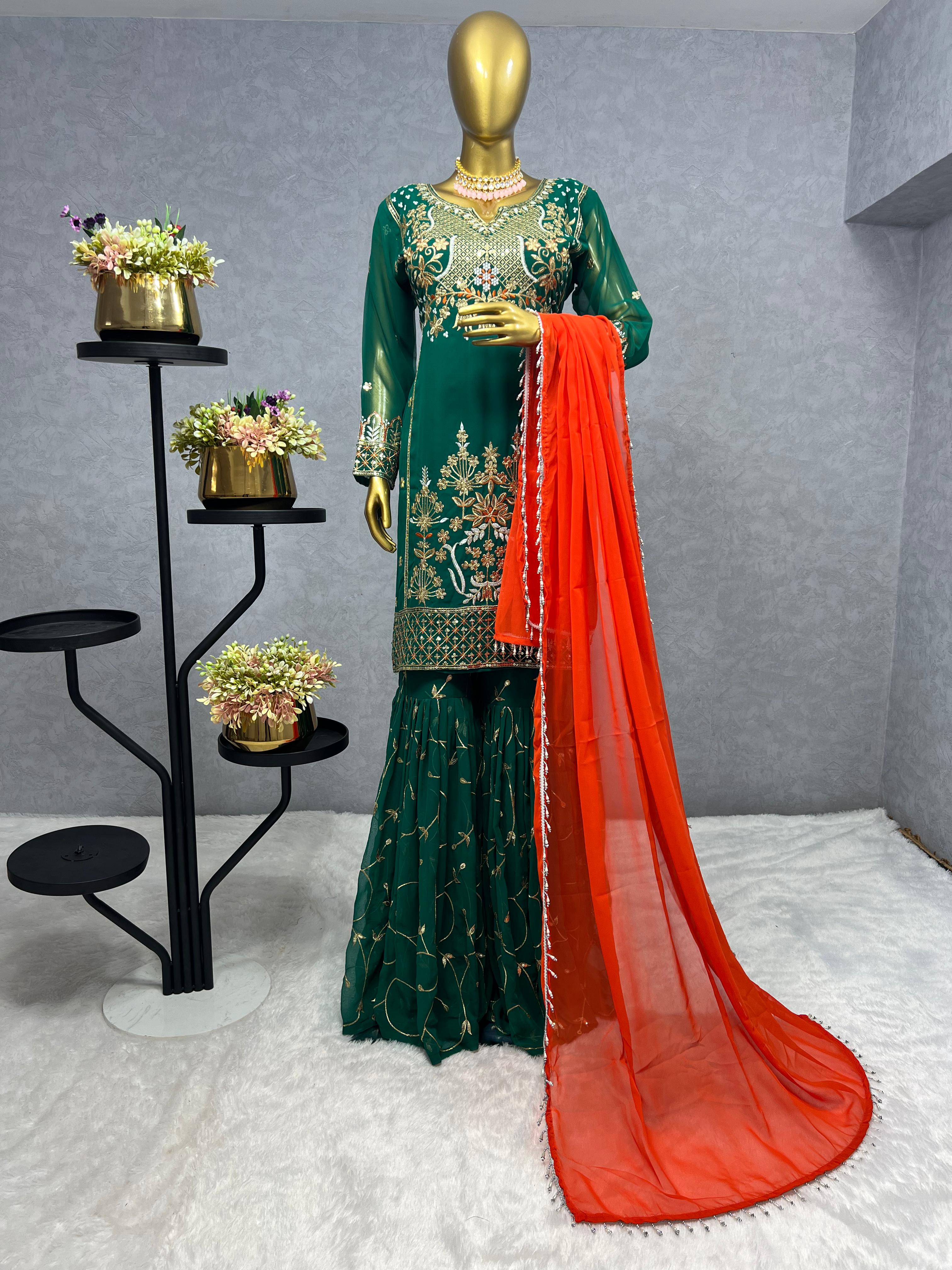 Good Looking Embroidery Sequence Work Green Color Sharara With Orange Dupatta