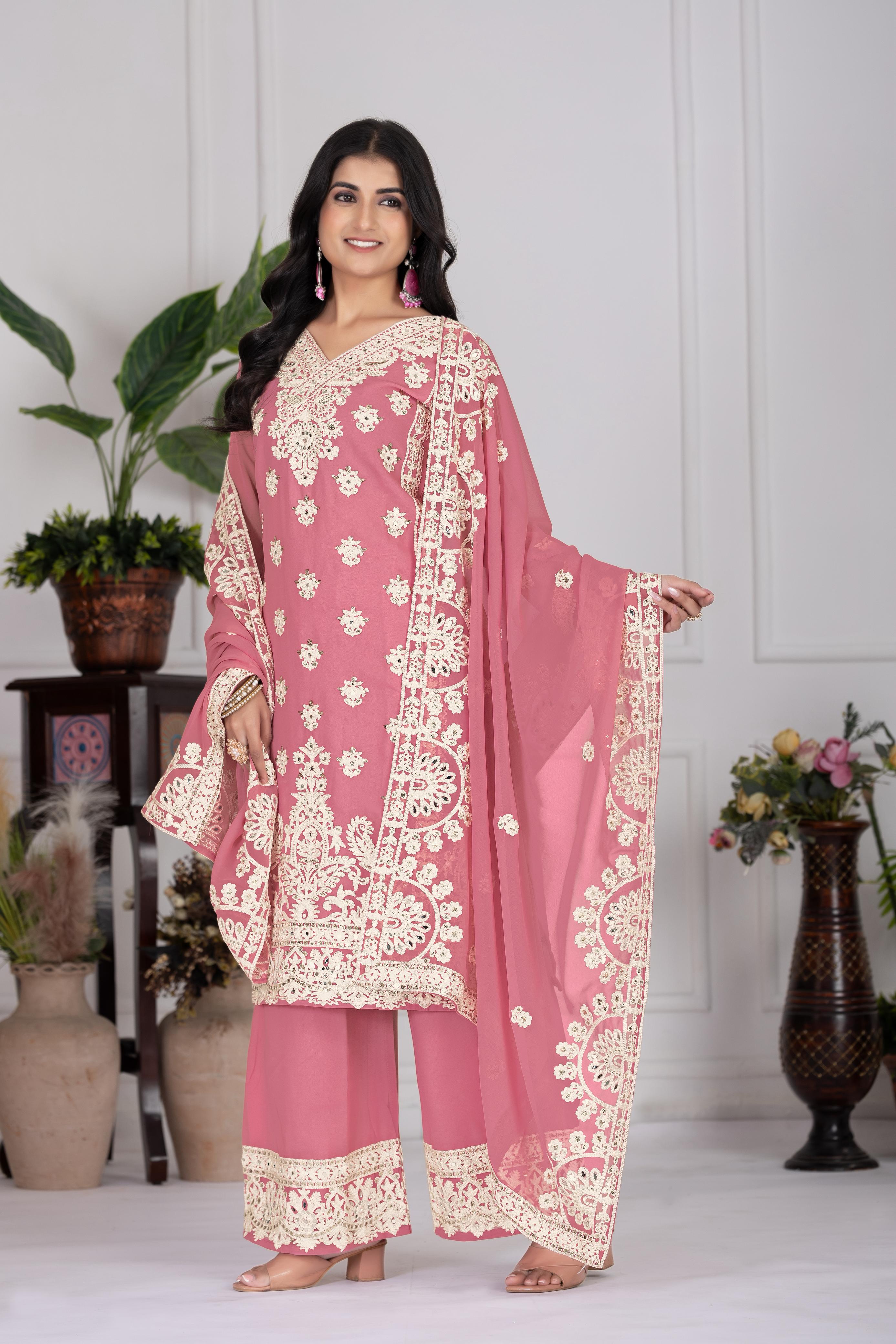 Embroidered Onion Color Attractive Palazzo Suit Set