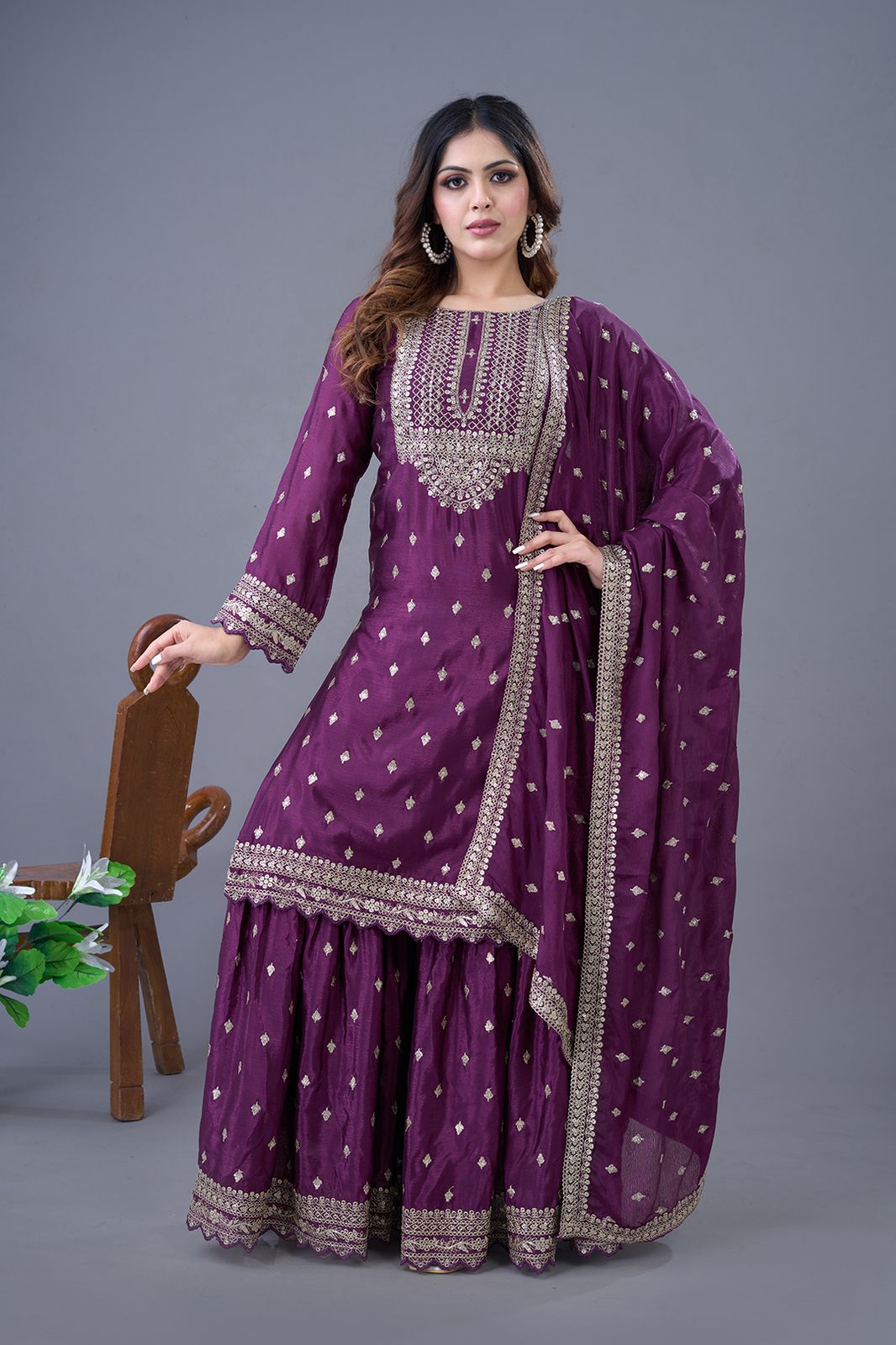 Heavy Embroidery Work Wine Color Sharara Suit