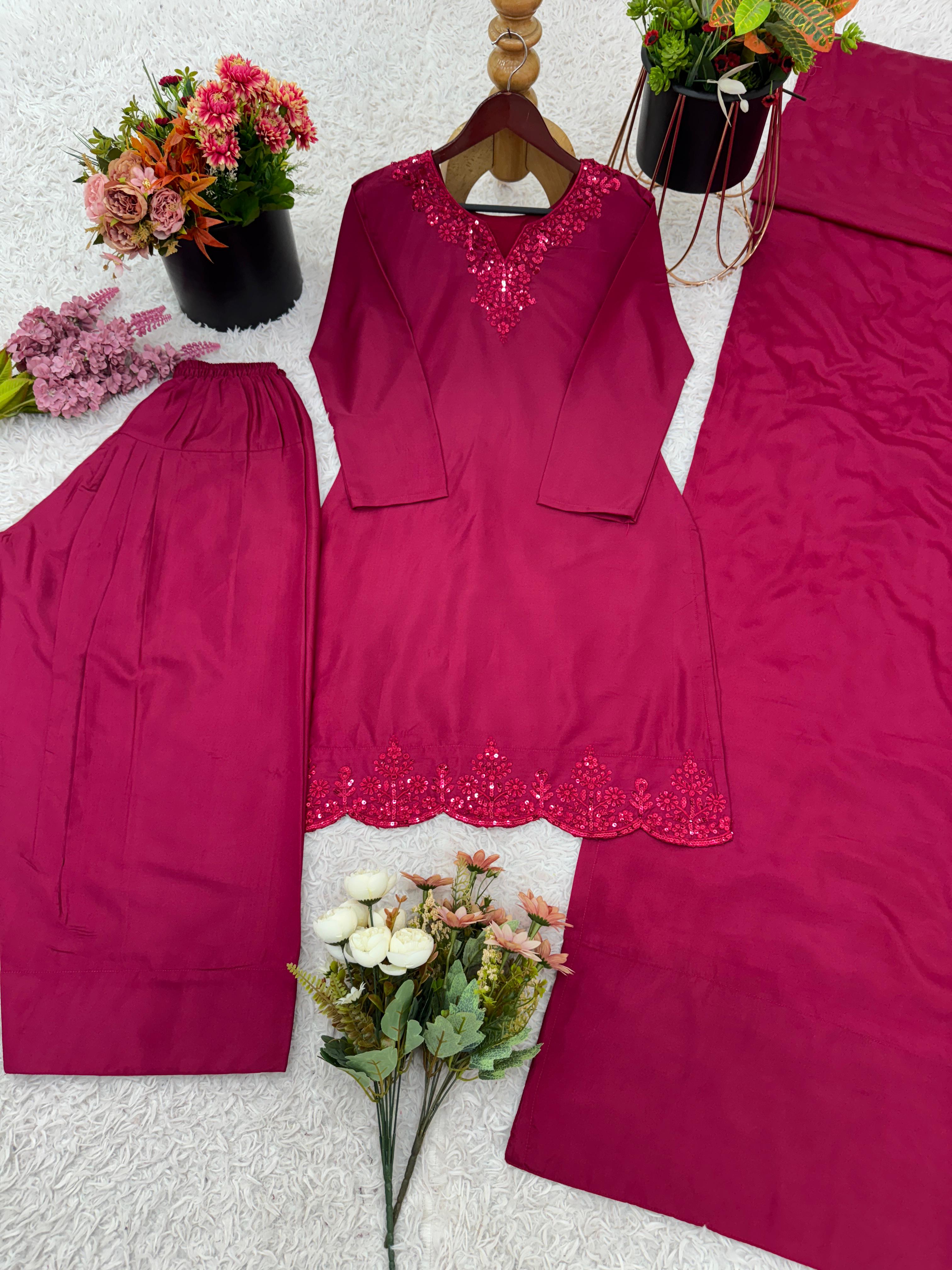 Pink Color Sequence Work Palazzo Suit