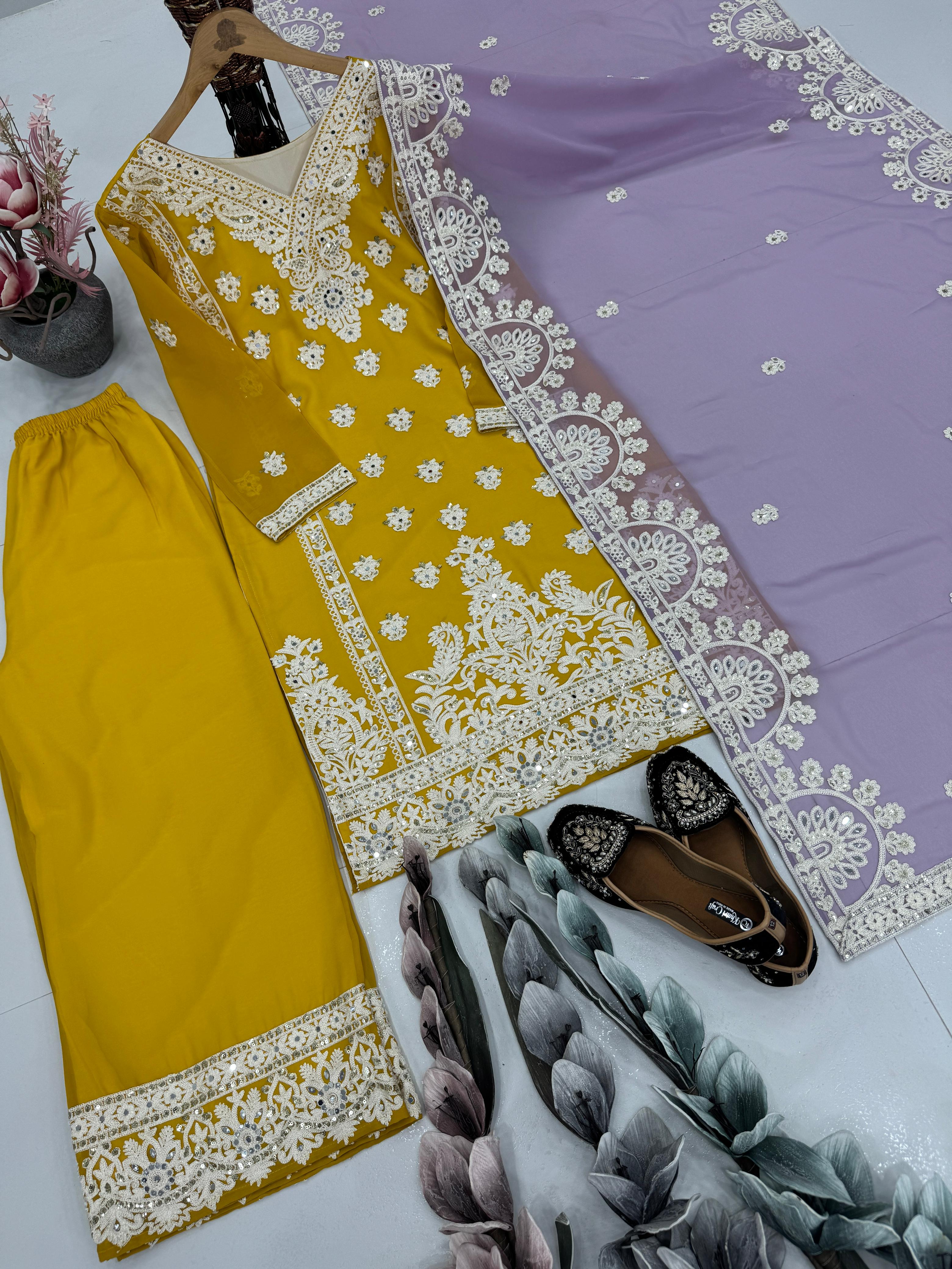 Embroidered Yellow Color Attractive Palazzo Suit Set