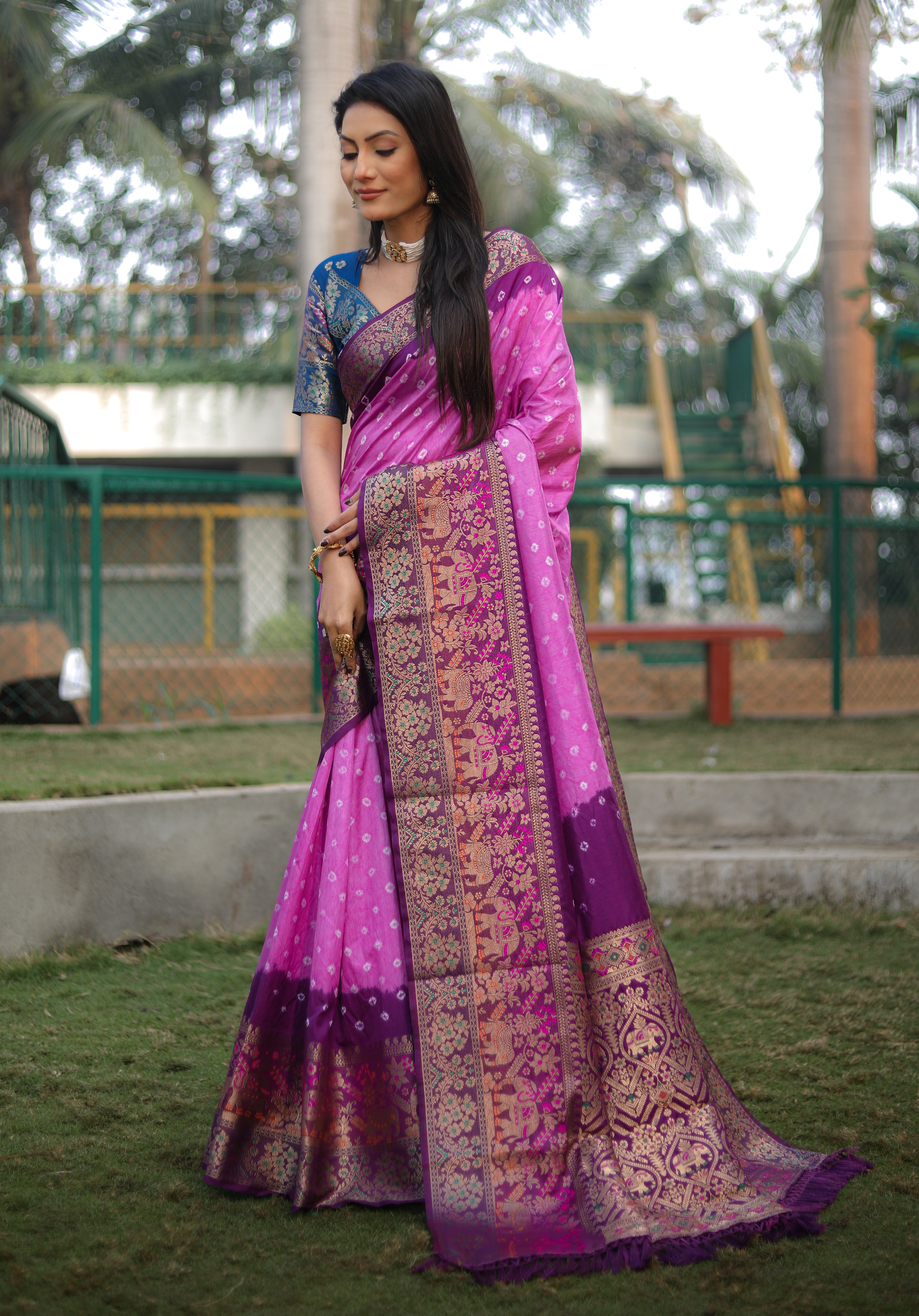 Bandhani Print Wine With Pink Zari Weaving Silk Saree