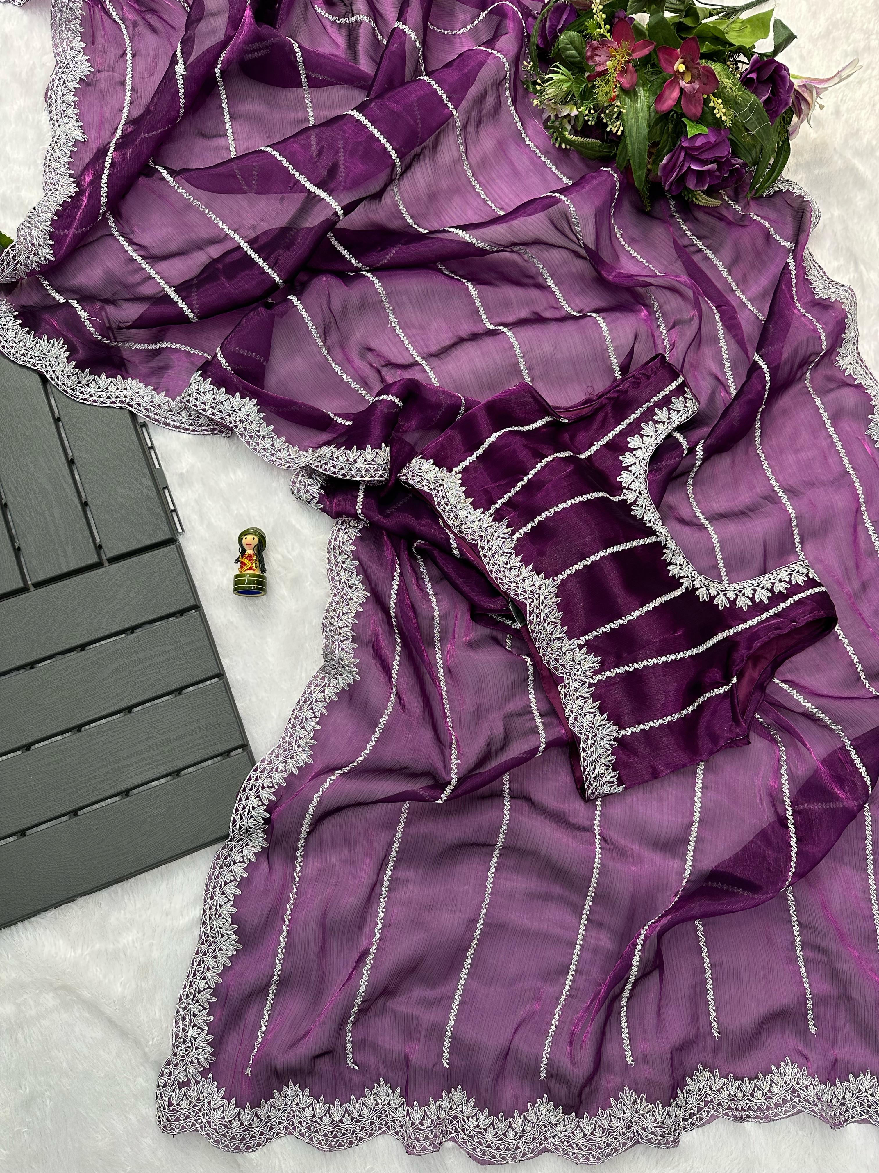 Peaceful Embroidery Zari Work Purple Color Saree