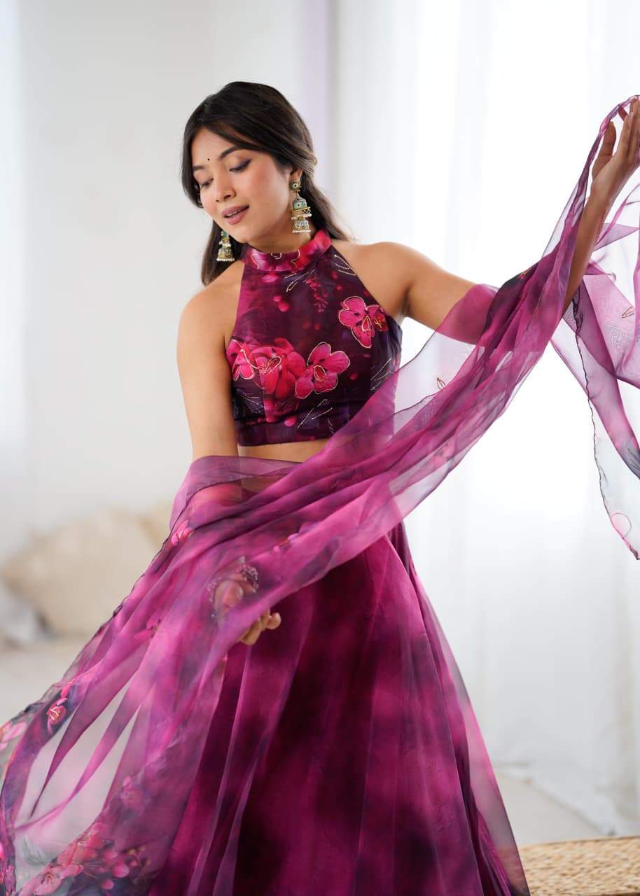 Admiring Pink Color Digital Printed Organza Work Lehenga