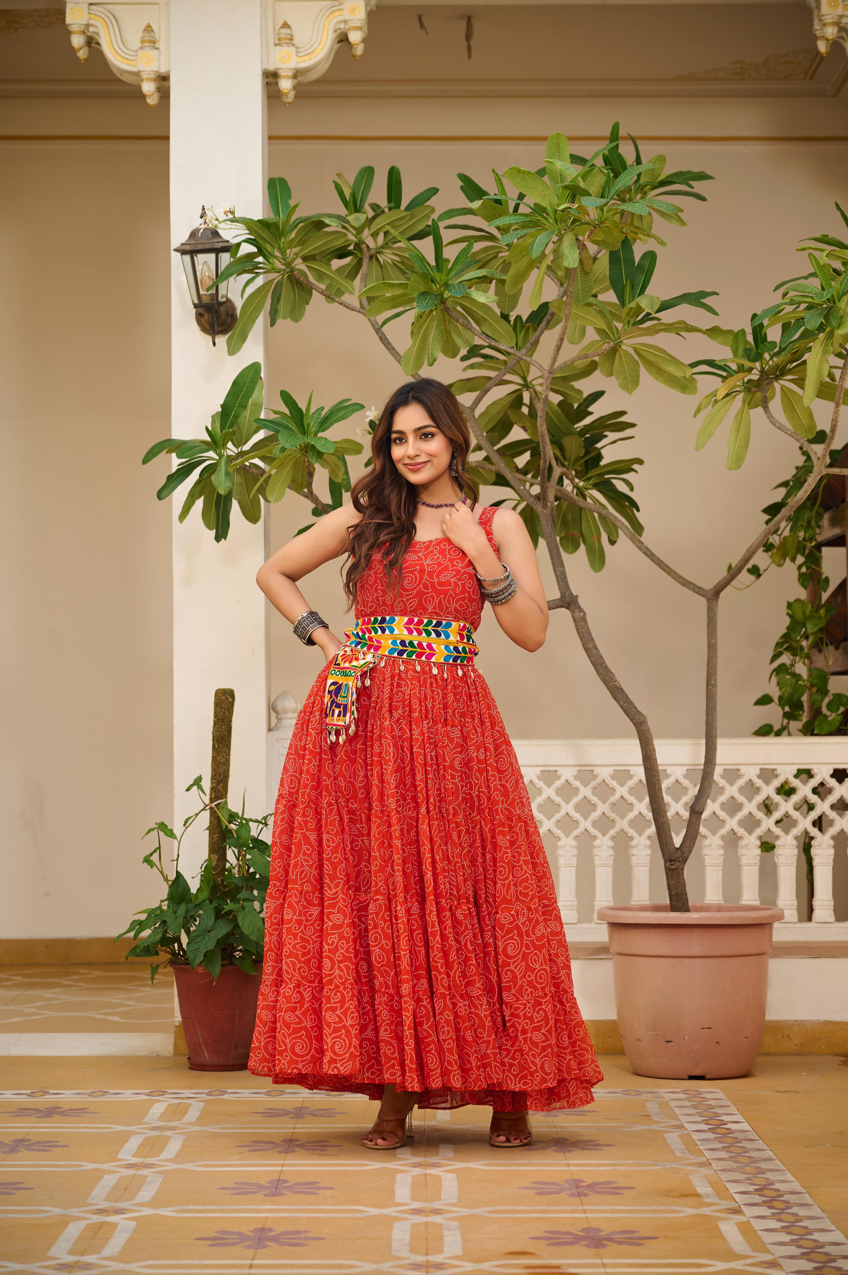 Bandhani Print Orange Color Navratri Gown
