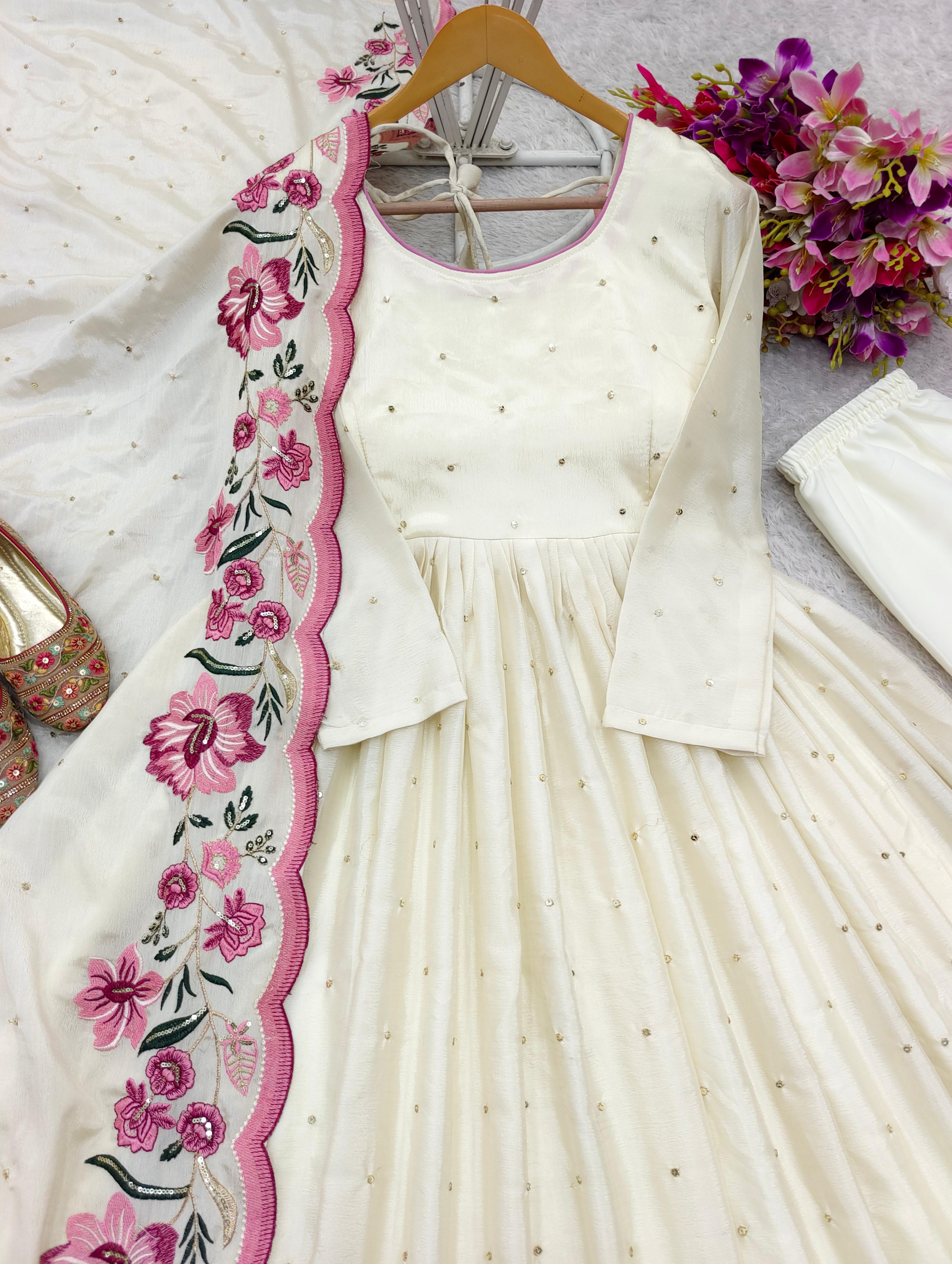 Chinon Silk White Color Festive Wear Gown