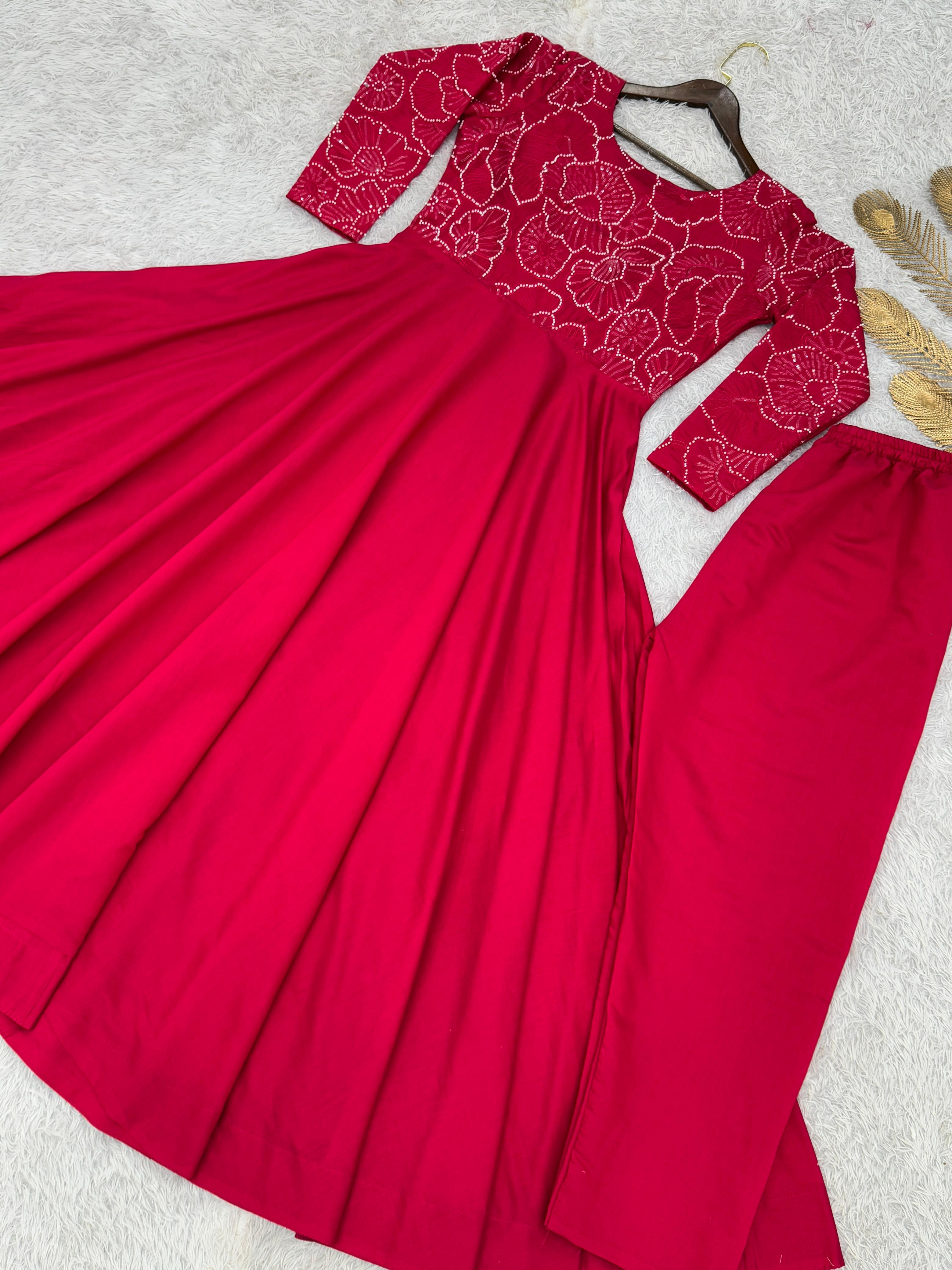 Alluring Red Roman Silk With Embroidery Work Gown