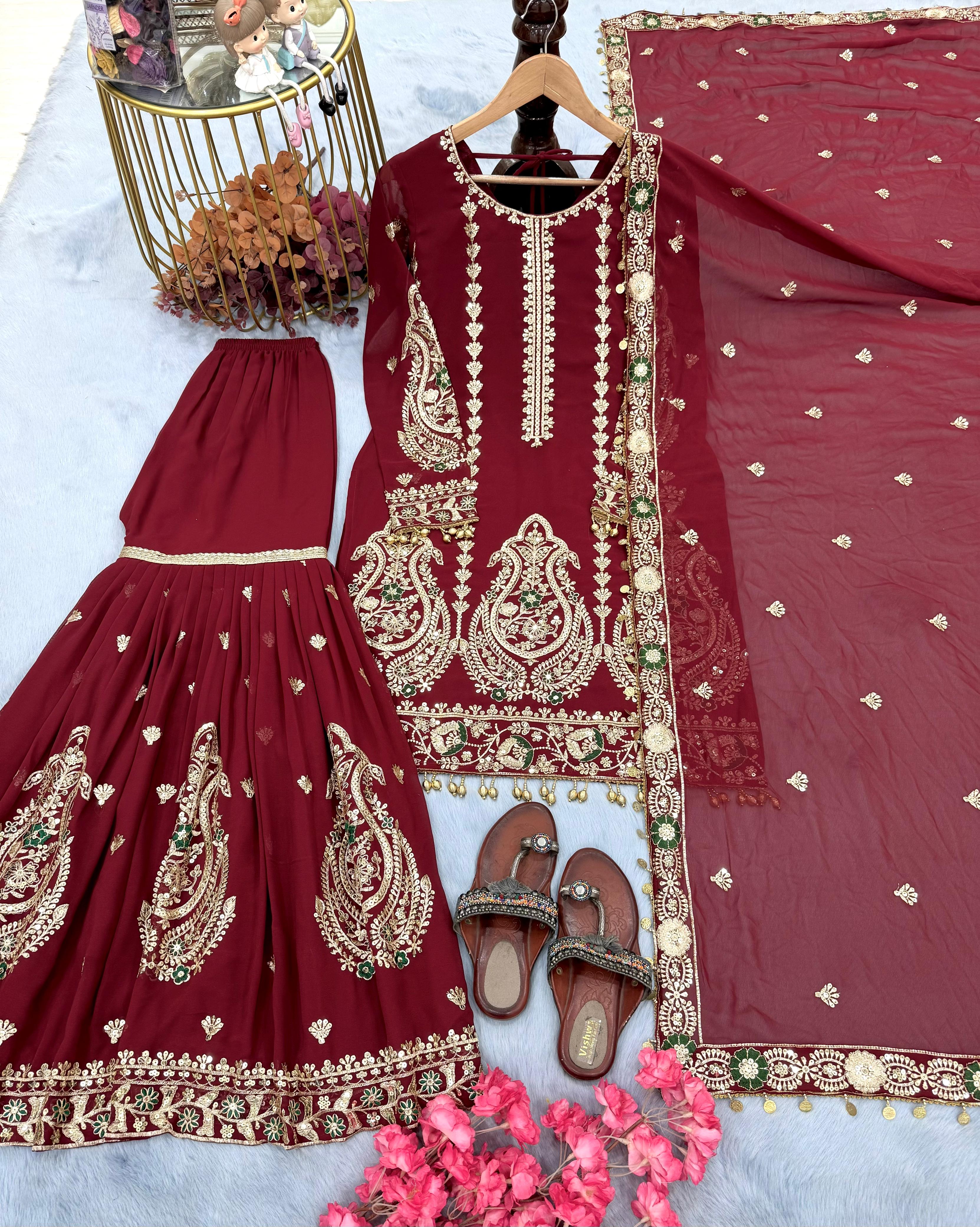 Designer Sequence Heavy Work Maroon Color Sharara Suit