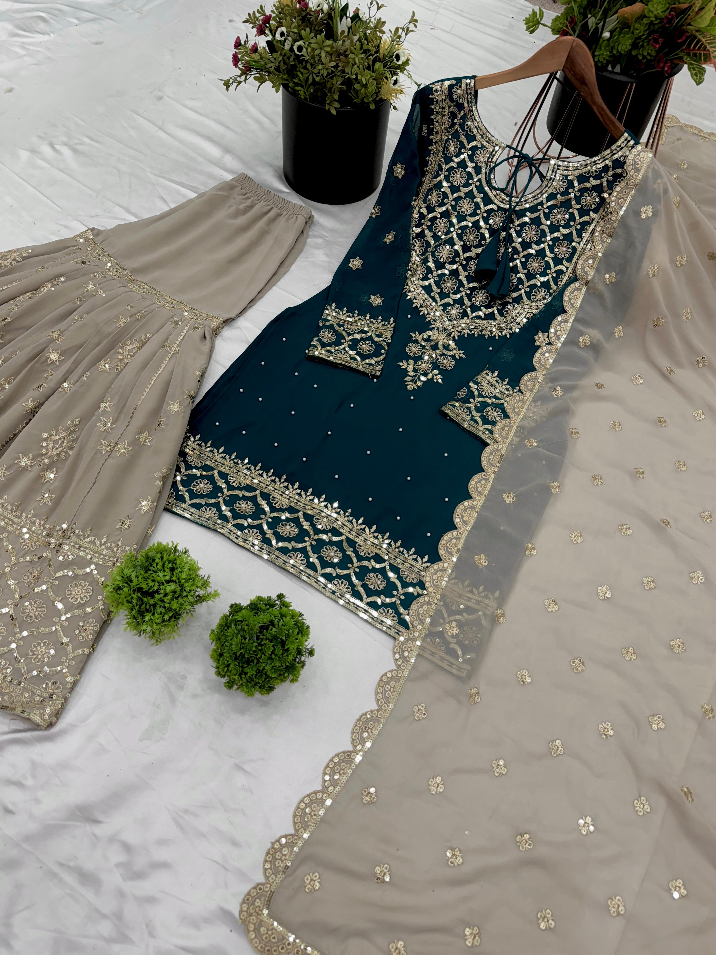 Presenting Embroidery Sequence Work Teal Green Color Sharara Suit