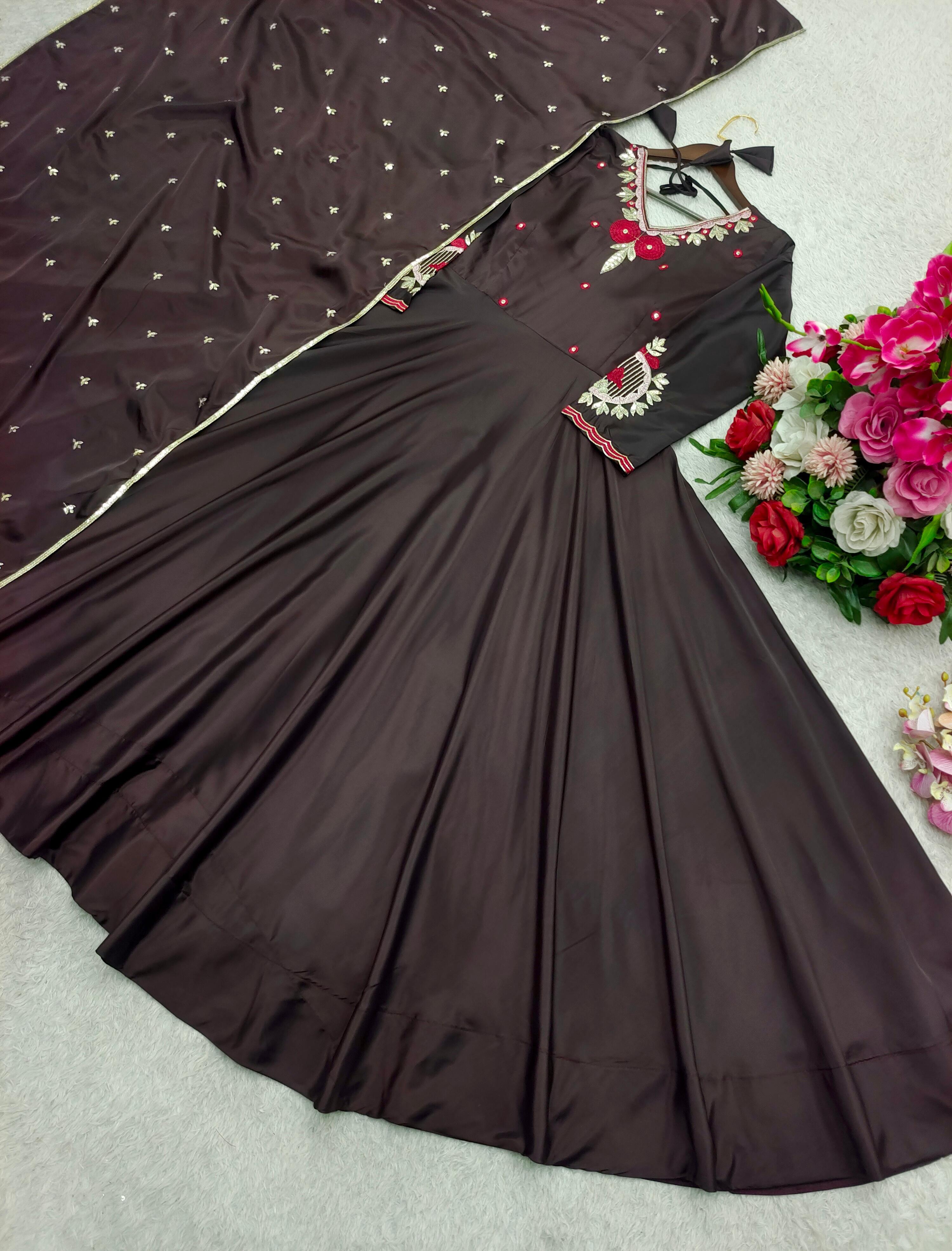 Alluring Brown Satin Silk Sequence Work Gown