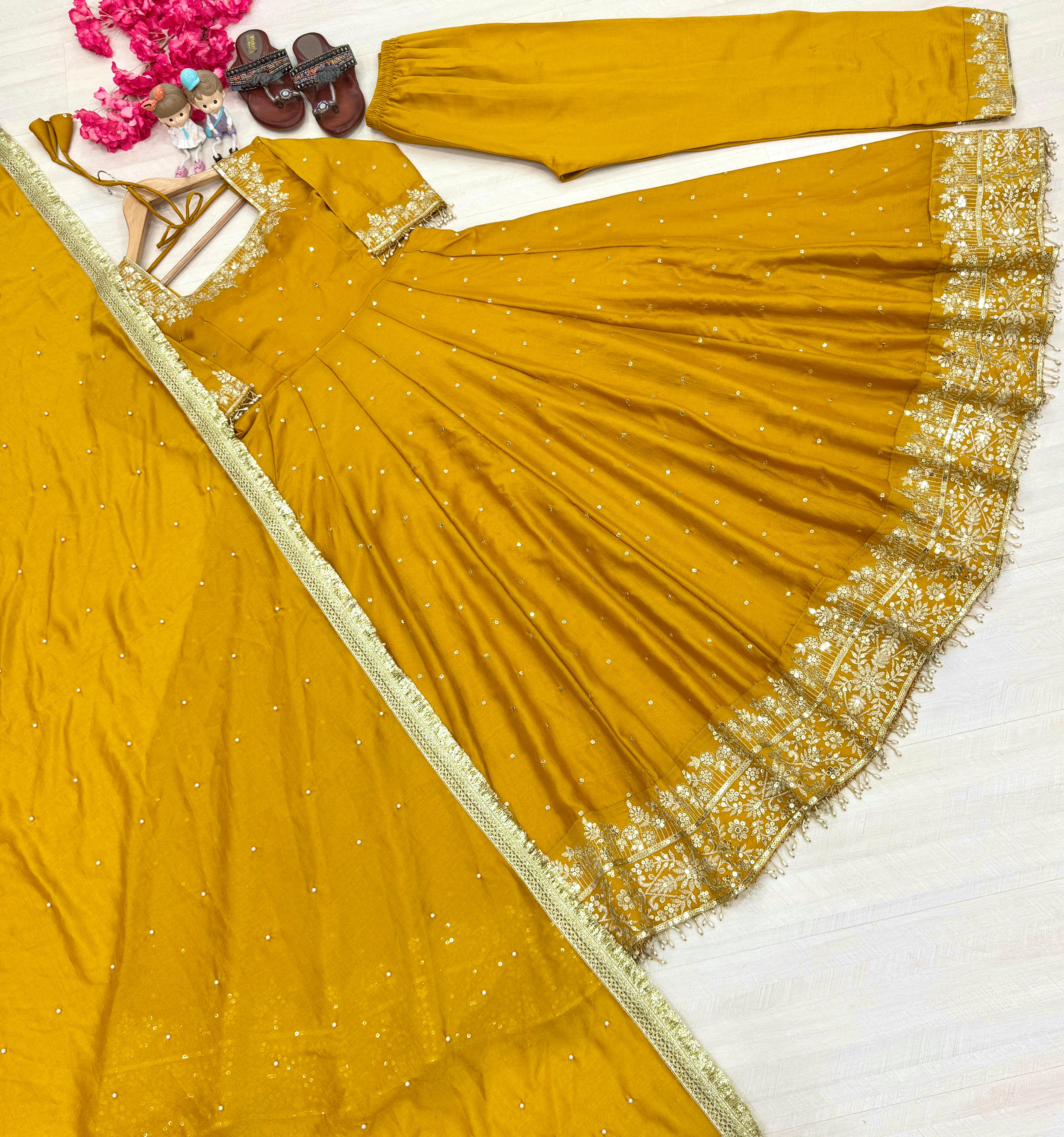 Glimmering Vichitra Silk Yellow Color Anarkali Suit