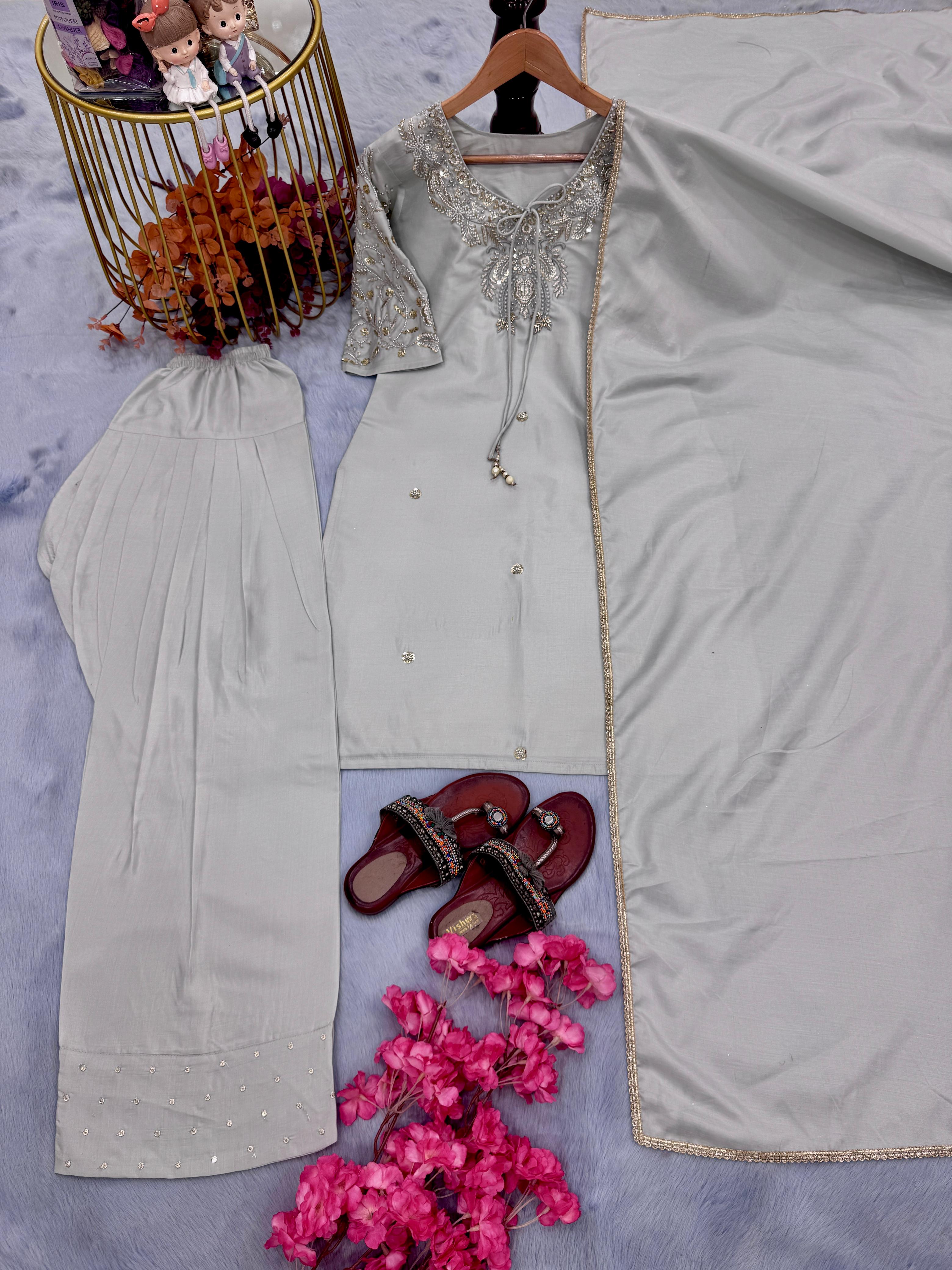 Beads Work Grey Color Patiala Style Salwar Suit