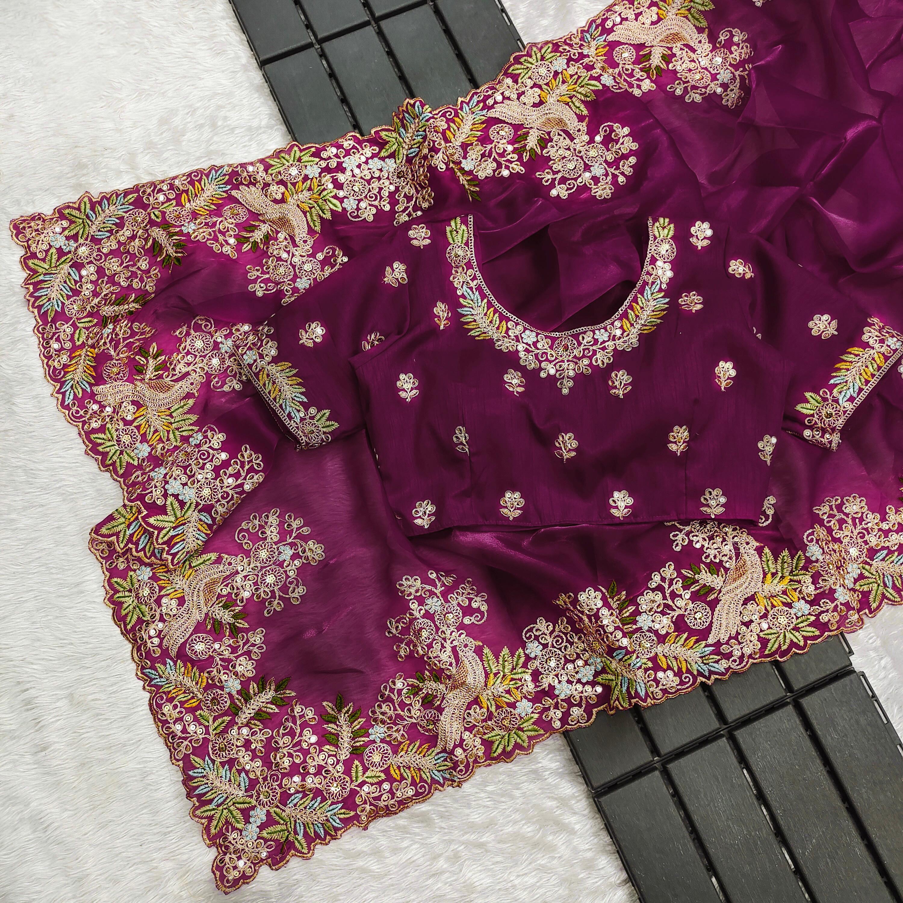 Traditional Wear Embroidery Work Wine Color Saree