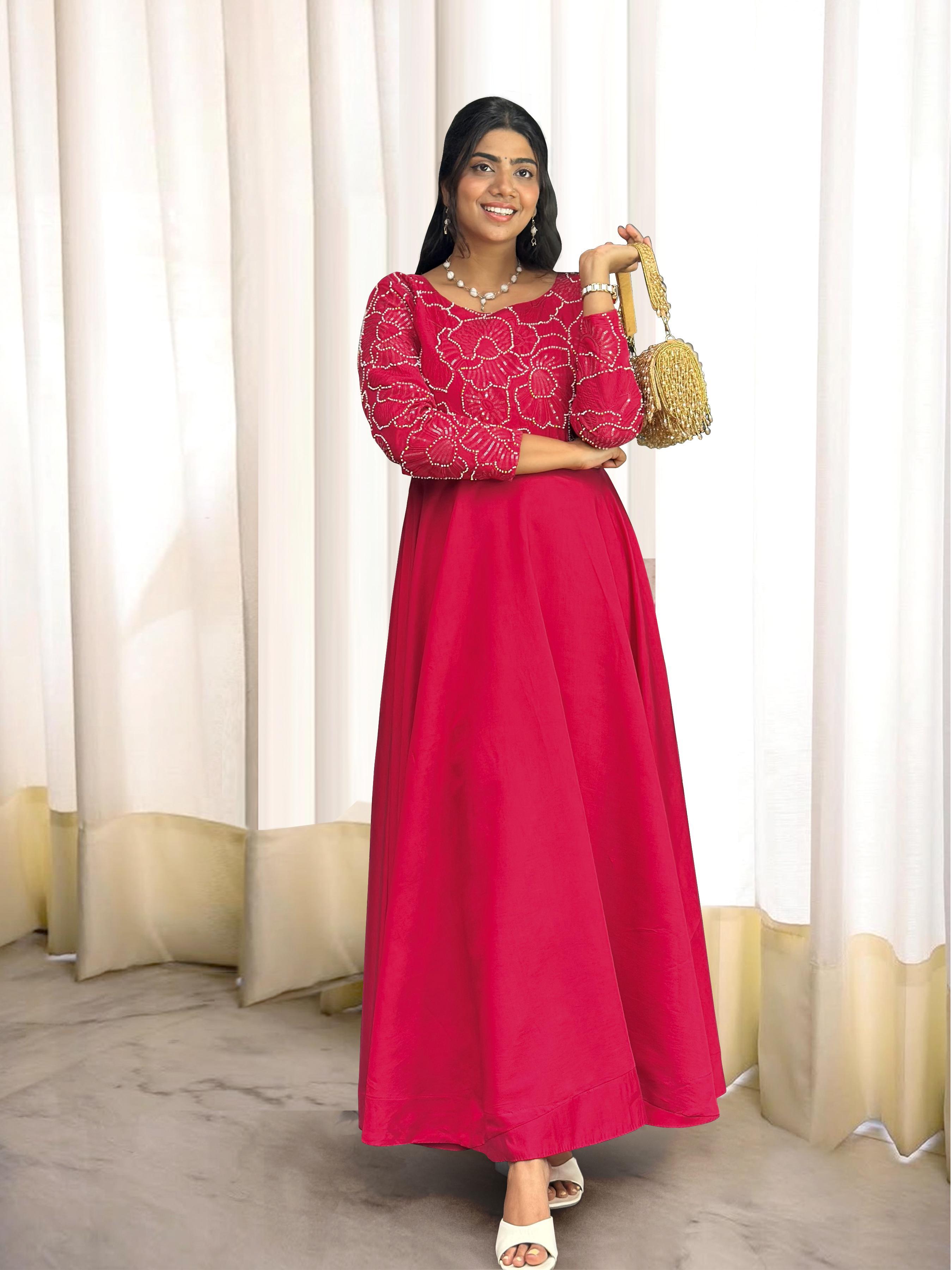 Alluring Red Roman Silk With Embroidery Work Gown