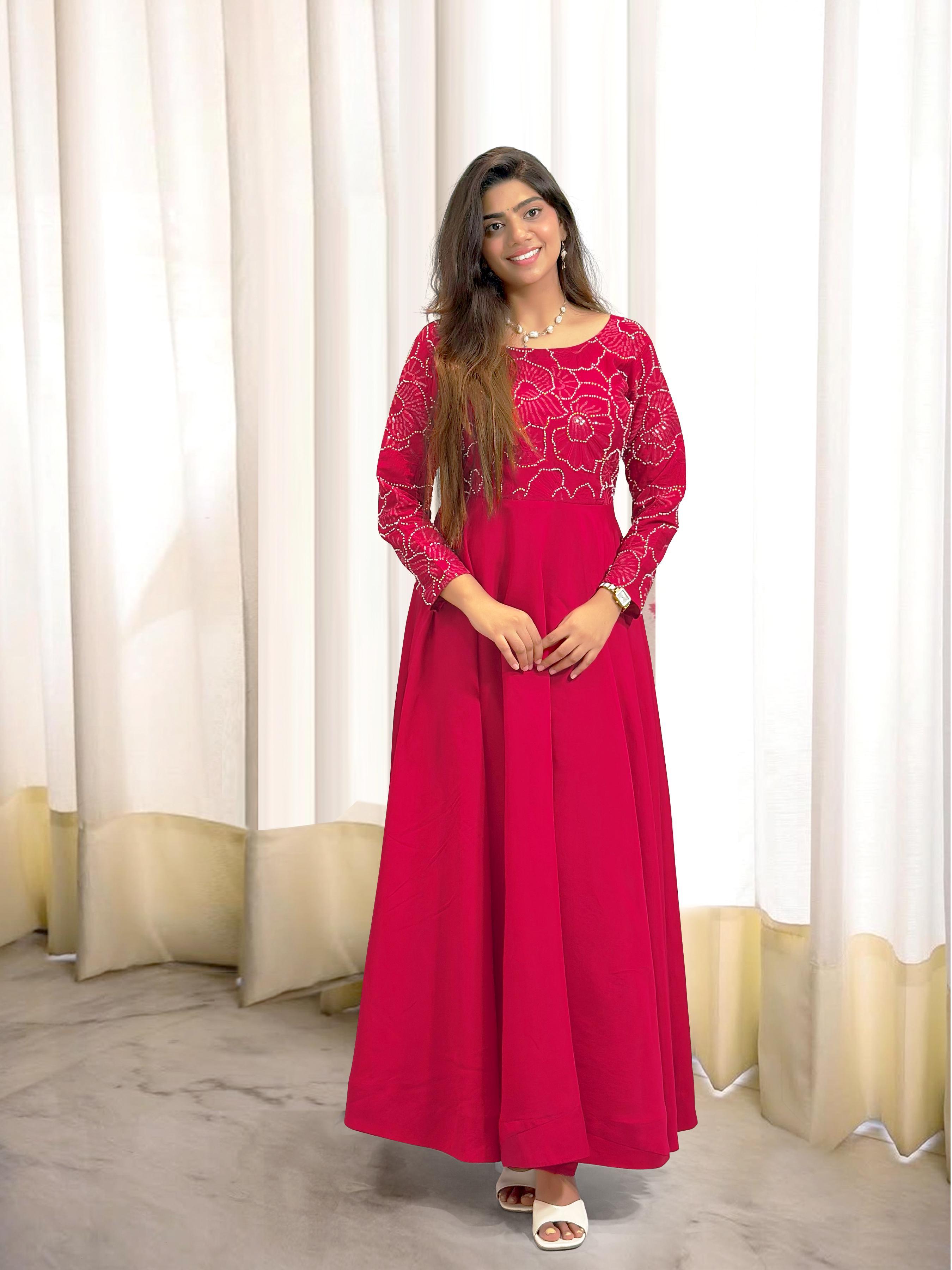 Alluring Red Roman Silk With Embroidery Work Gown