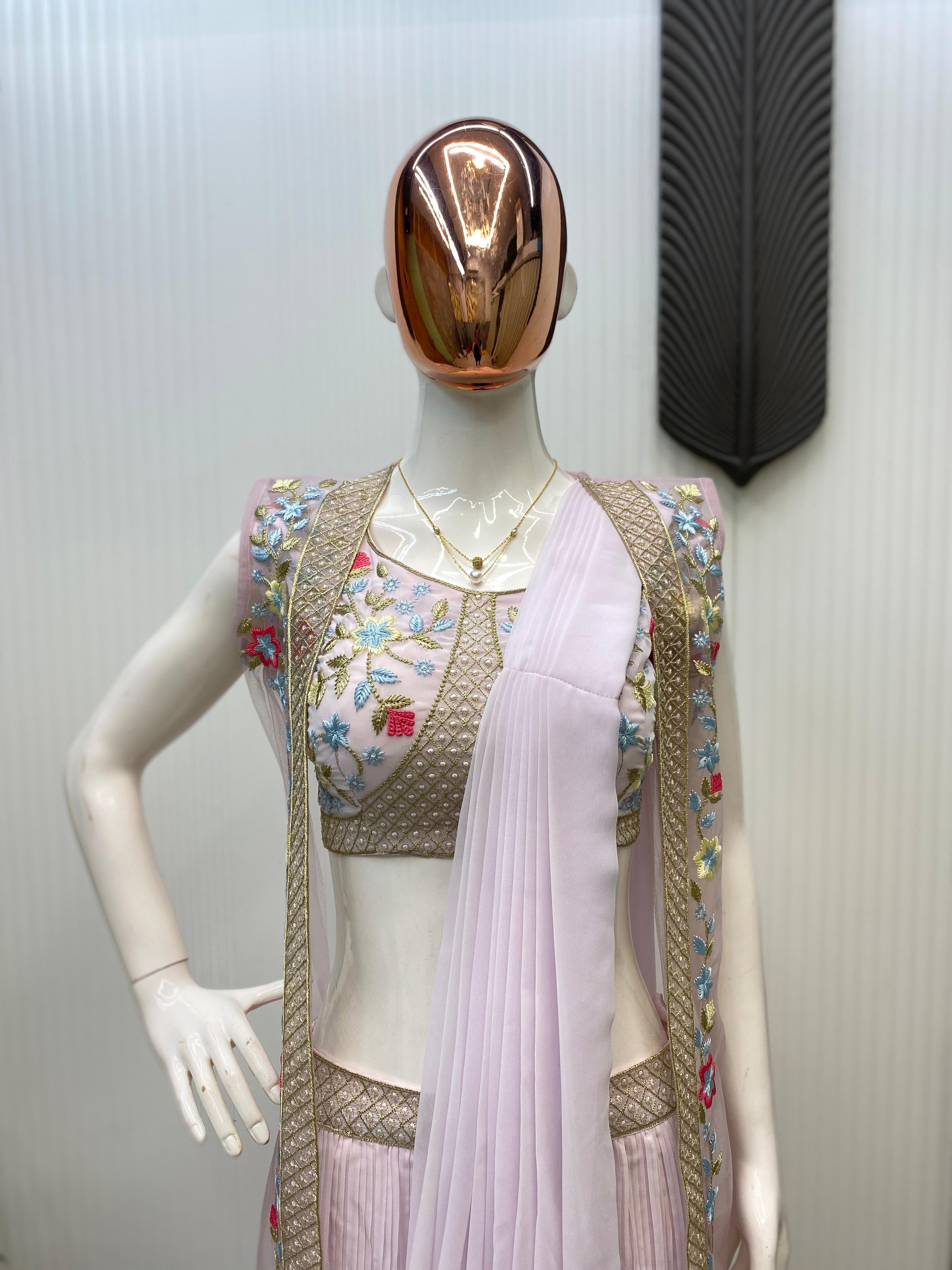 Function Wear Georgette Pink Color Lehenga Saree With Koti