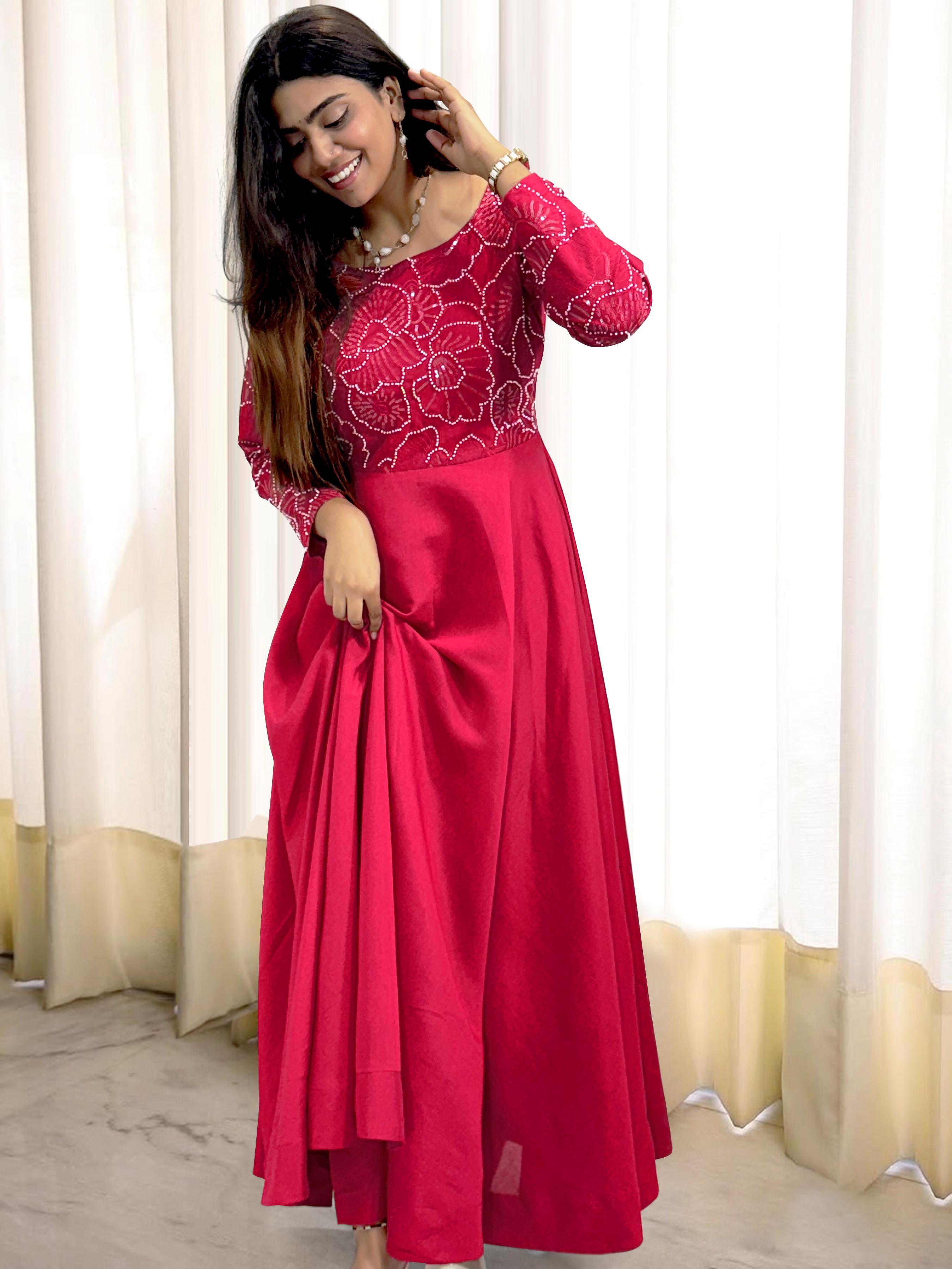 Alluring Red Roman Silk With Embroidery Work Gown