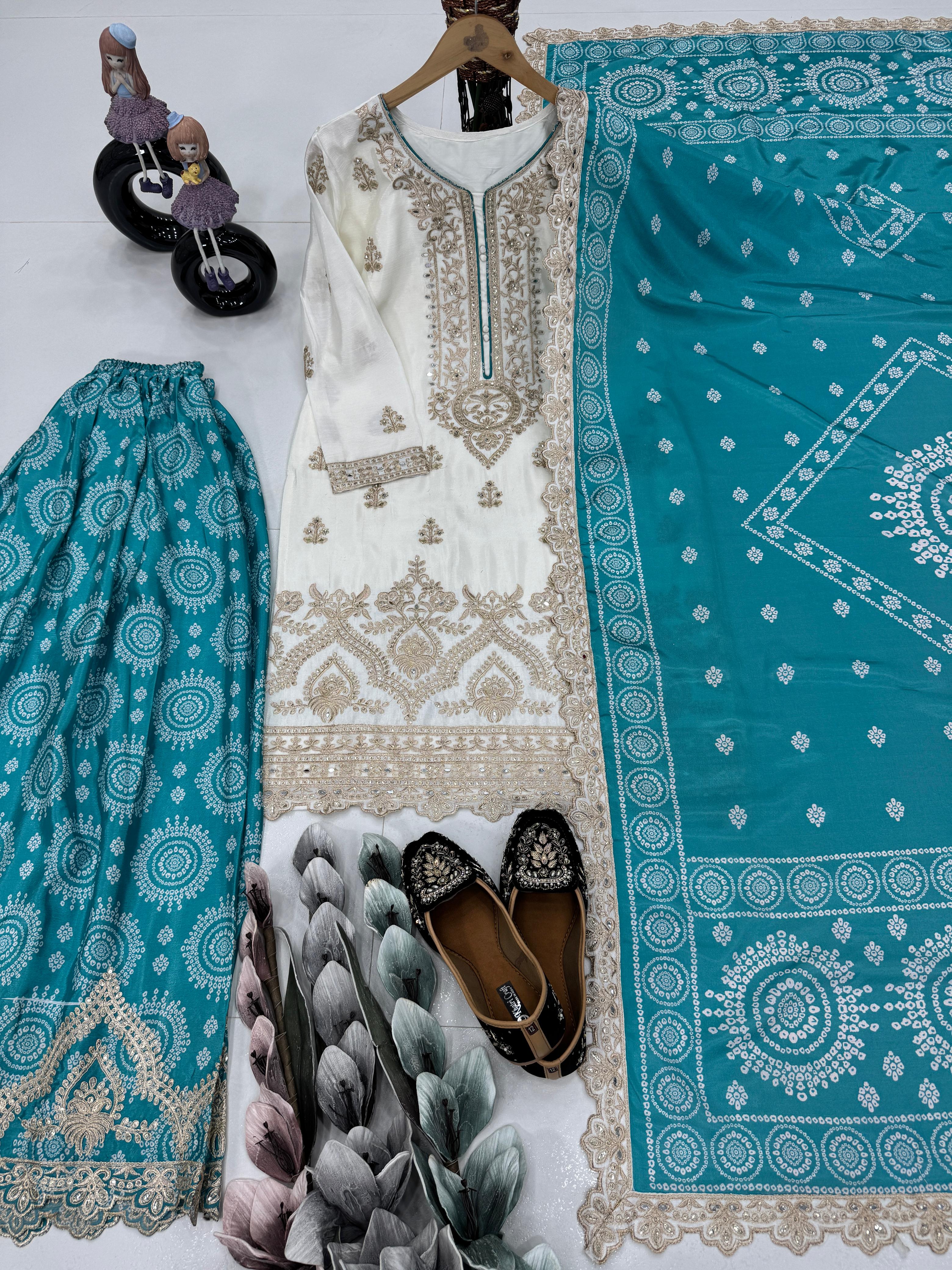 Demanding Heavy Work White Color Sharara Suit With Blue Dupatta