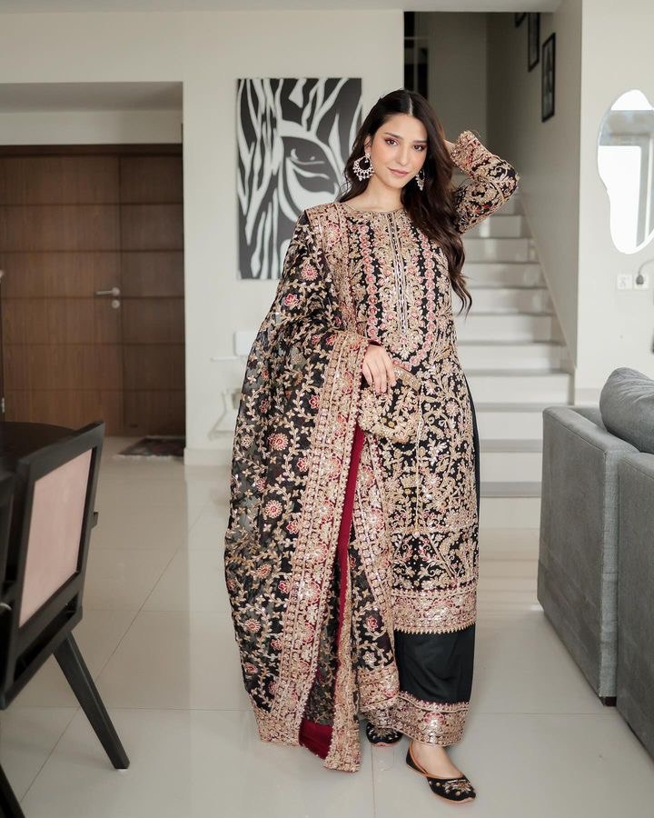 Demanding Navy Blue Color Sequence Work Palazzo Suit