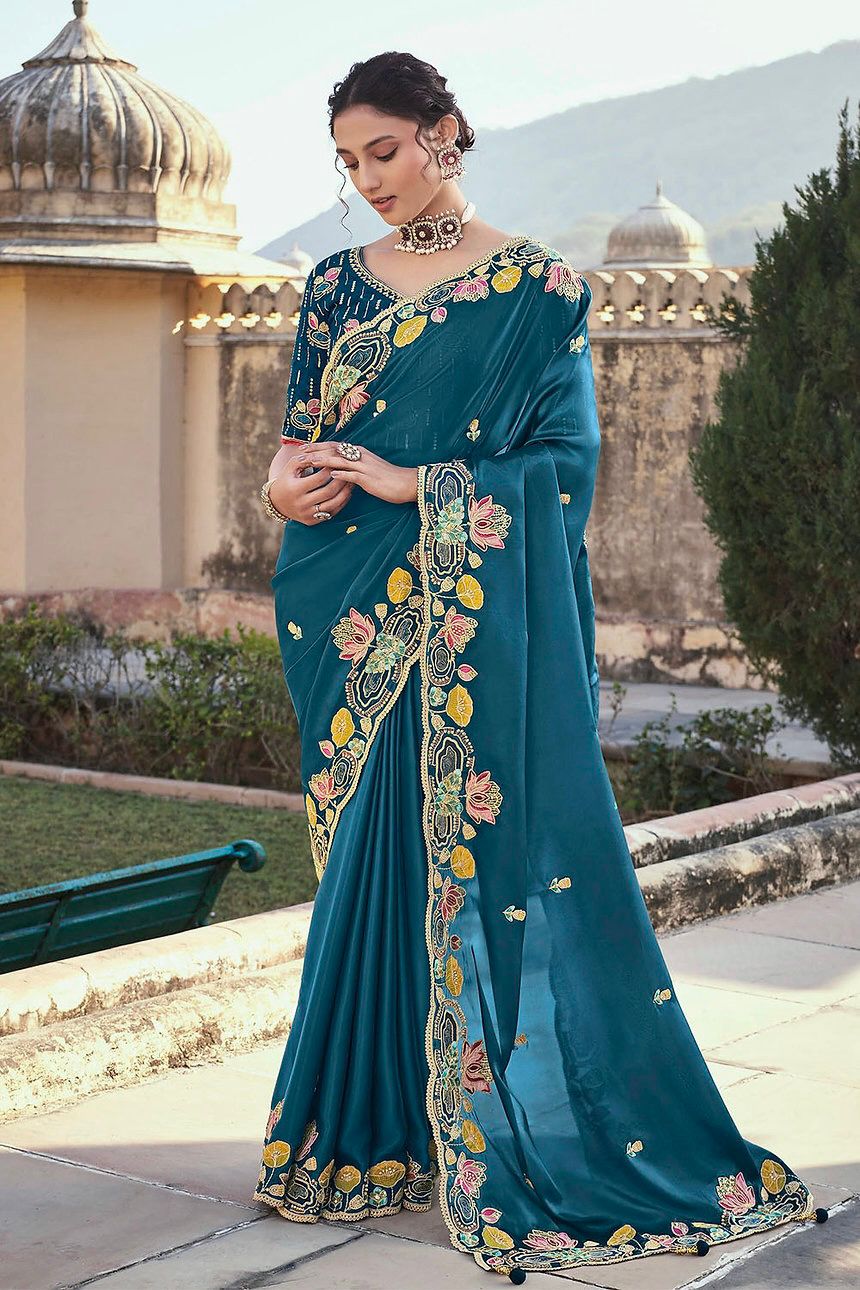 Wedding Wear Jimmy Cho Embroidery Work Teal Blue Color Saree