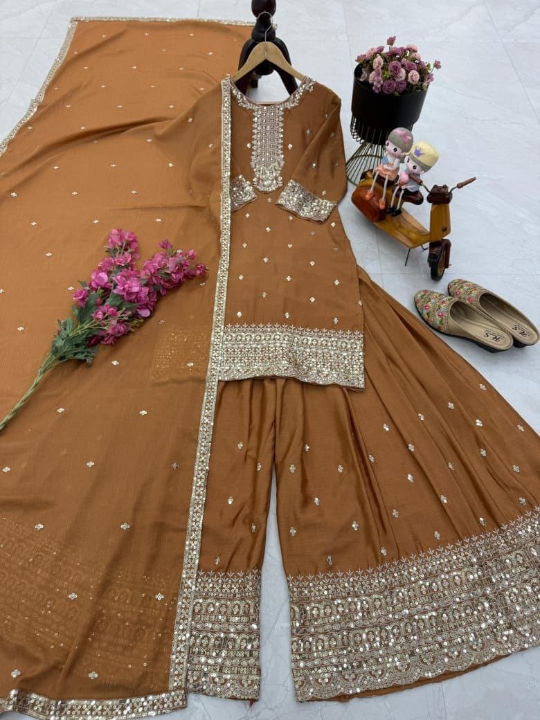 Brown Color Heavy Work Chinon Silk Palazzo Suit