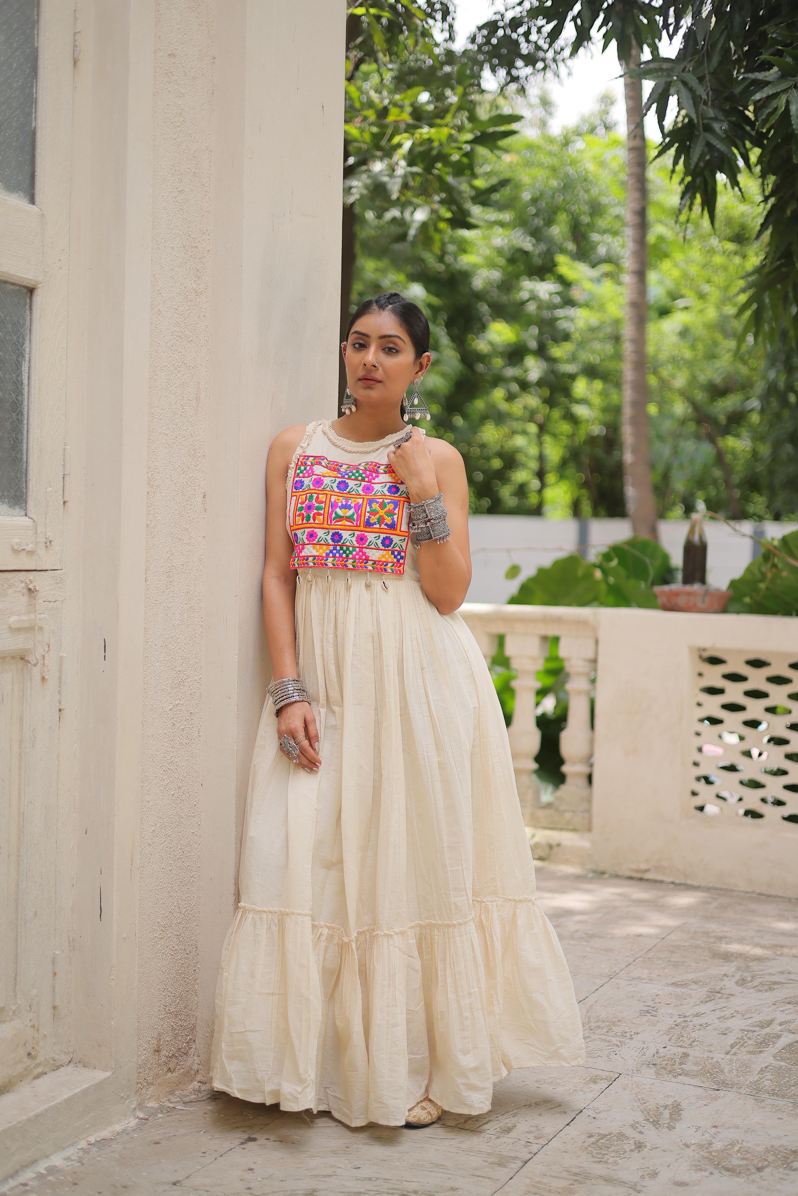Stylish Off-White Cotton Embroidered Gown