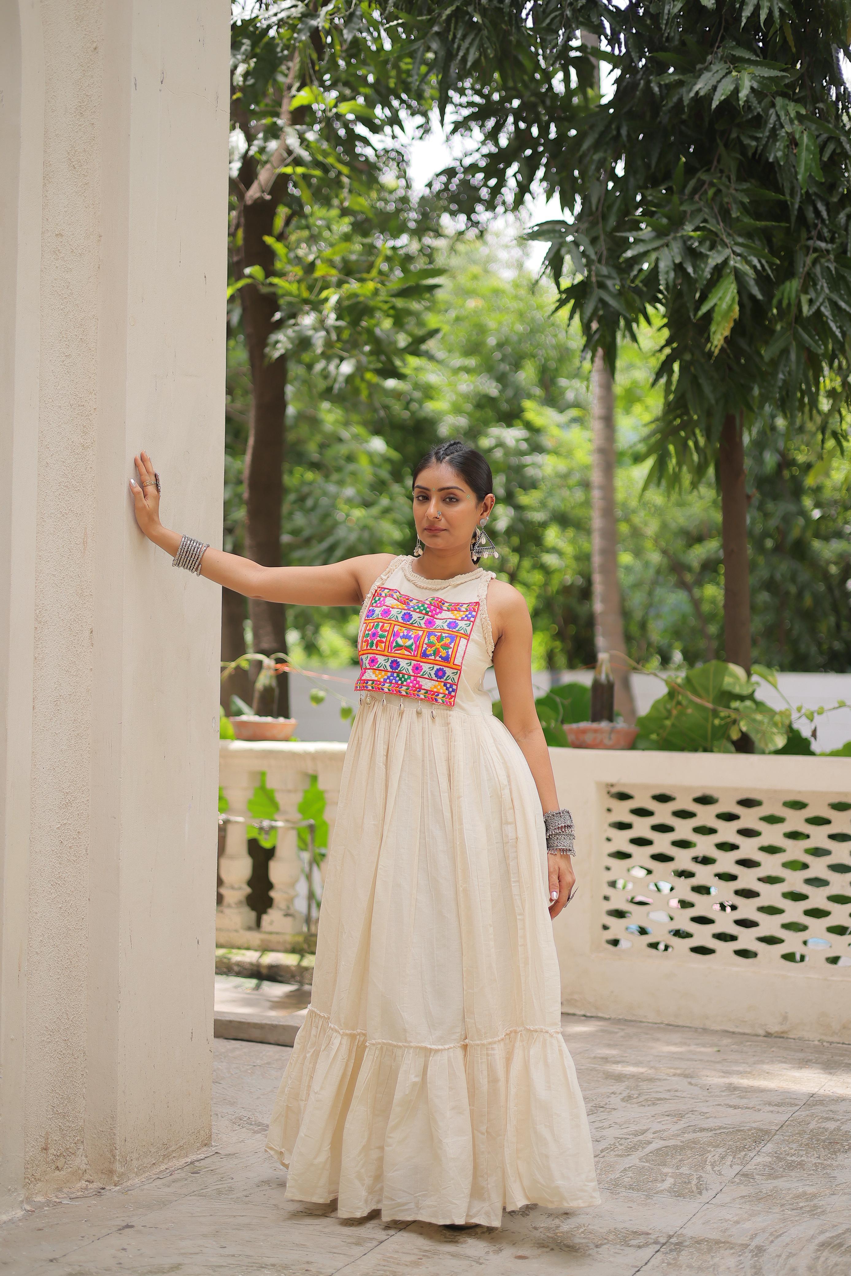 Stylish Off-White Cotton Embroidered Gown