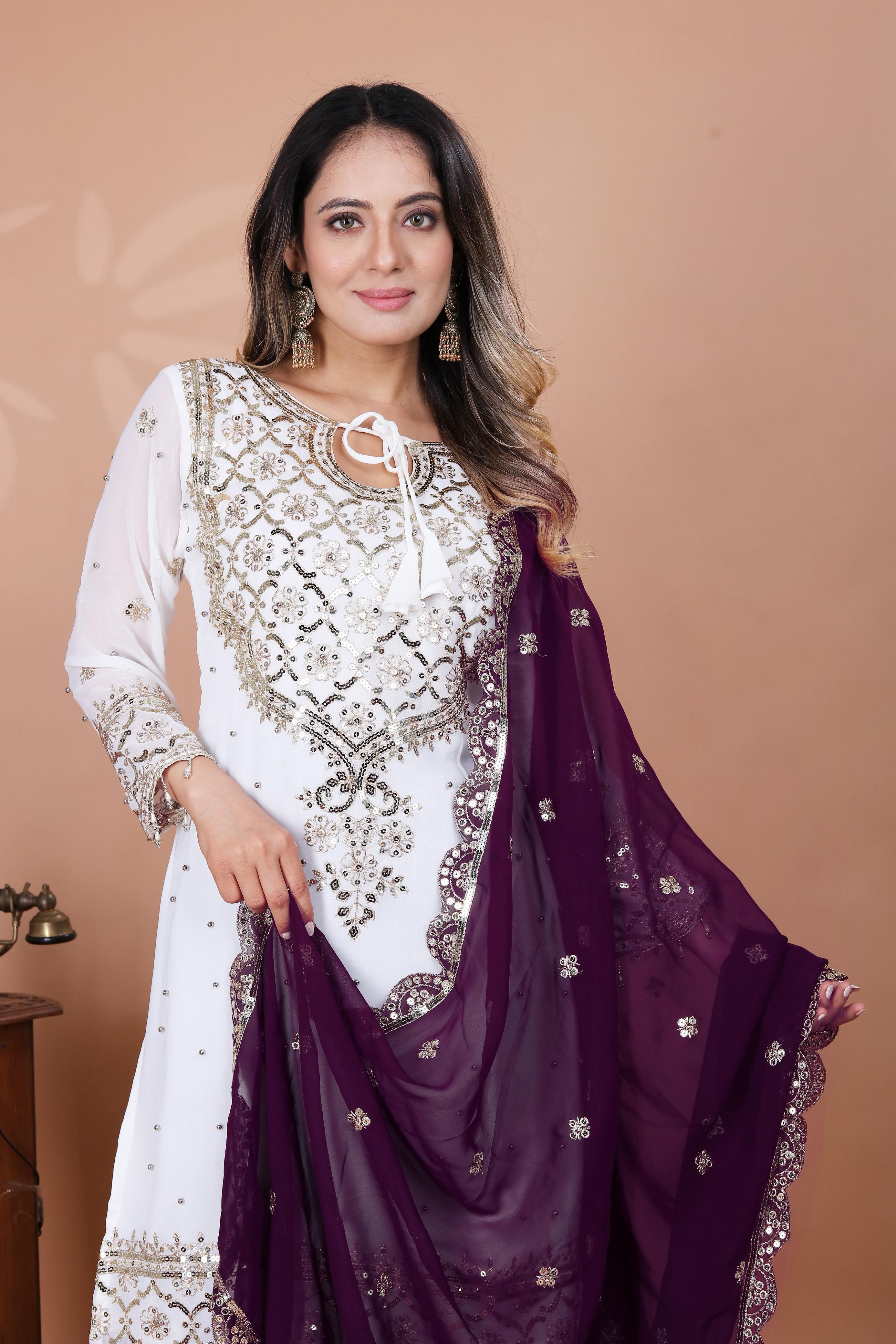 Fabulous Heavy Work White Color Suit With Wine Sharara