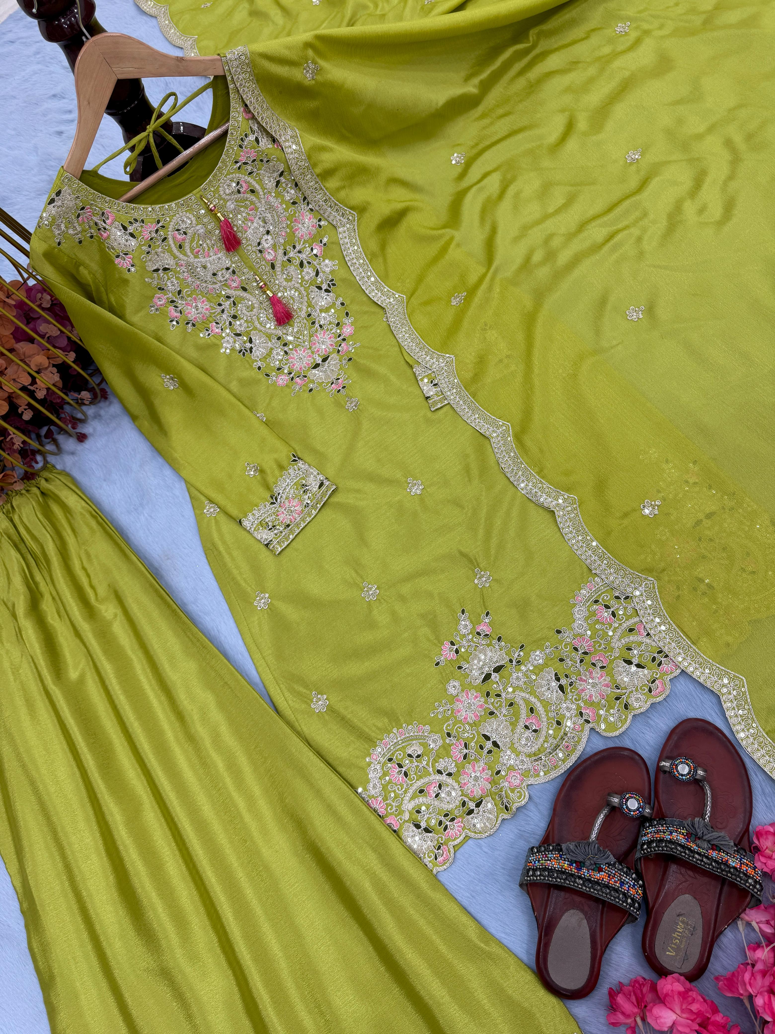 Outstanding Chinon Silk Perrot Green Color Color Palazzo Suit