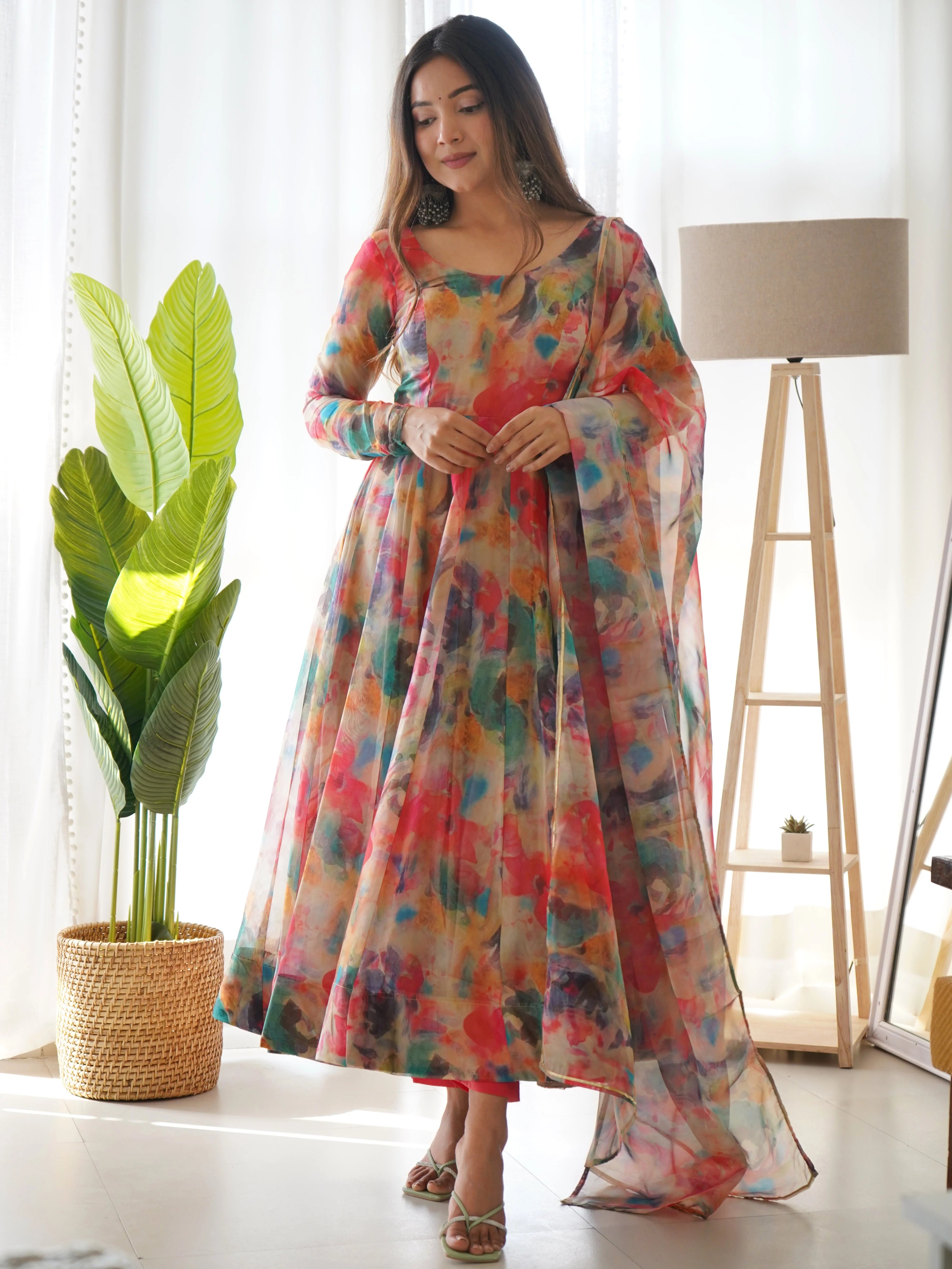 Luxuriant Multi Color Organza Silk Anarkali Suit