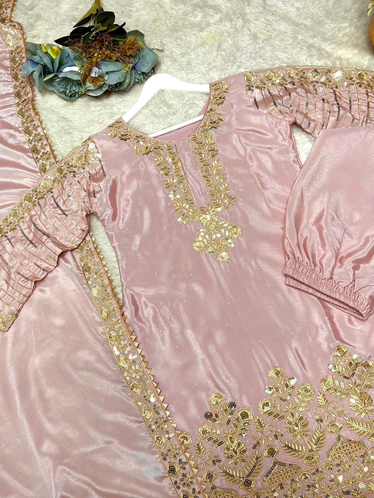 Ravishing Pink Chinon Silk Sequence Work Palazzo Suit